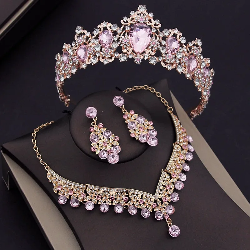 Luxury Pink Crystal  Jewelry Sets for Women Tiara Necklace & Earrings 4 Styles