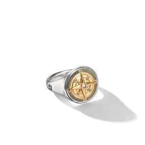 Maritime Compass Signet Ring in Sterling Silver with 18K Yellow Gold and Center Diamond