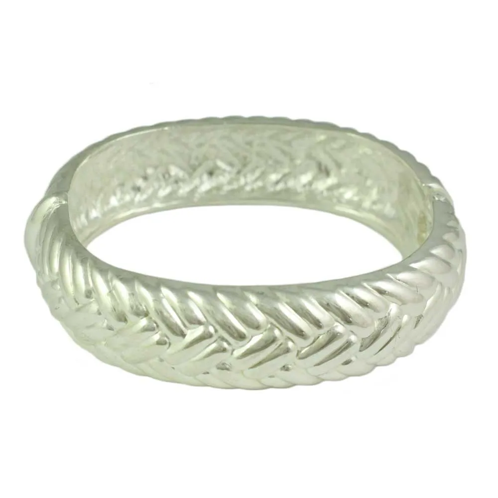 Matte and Shiny Silver-tone Braided Look Hinged Bangle - BG722MS