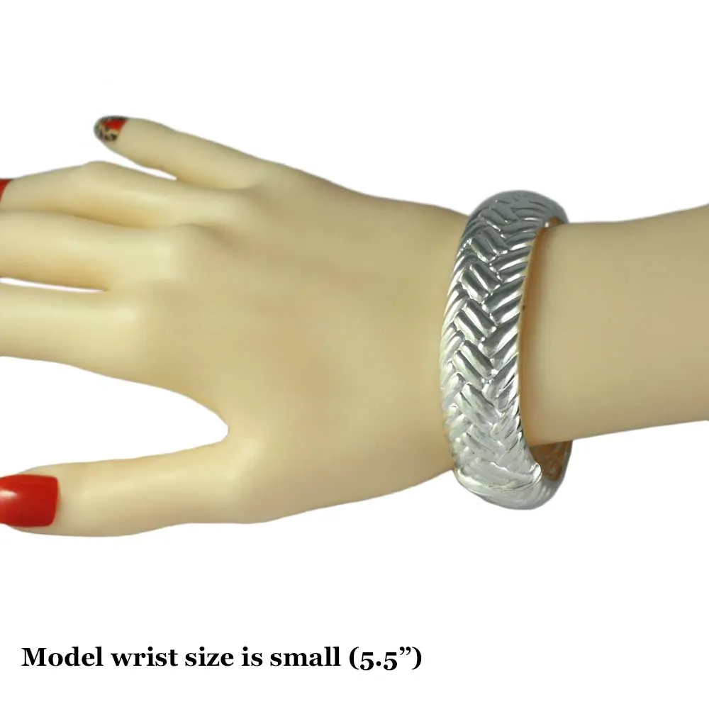 Matte and Shiny Silver-tone Braided Look Hinged Bangle - BG722MS