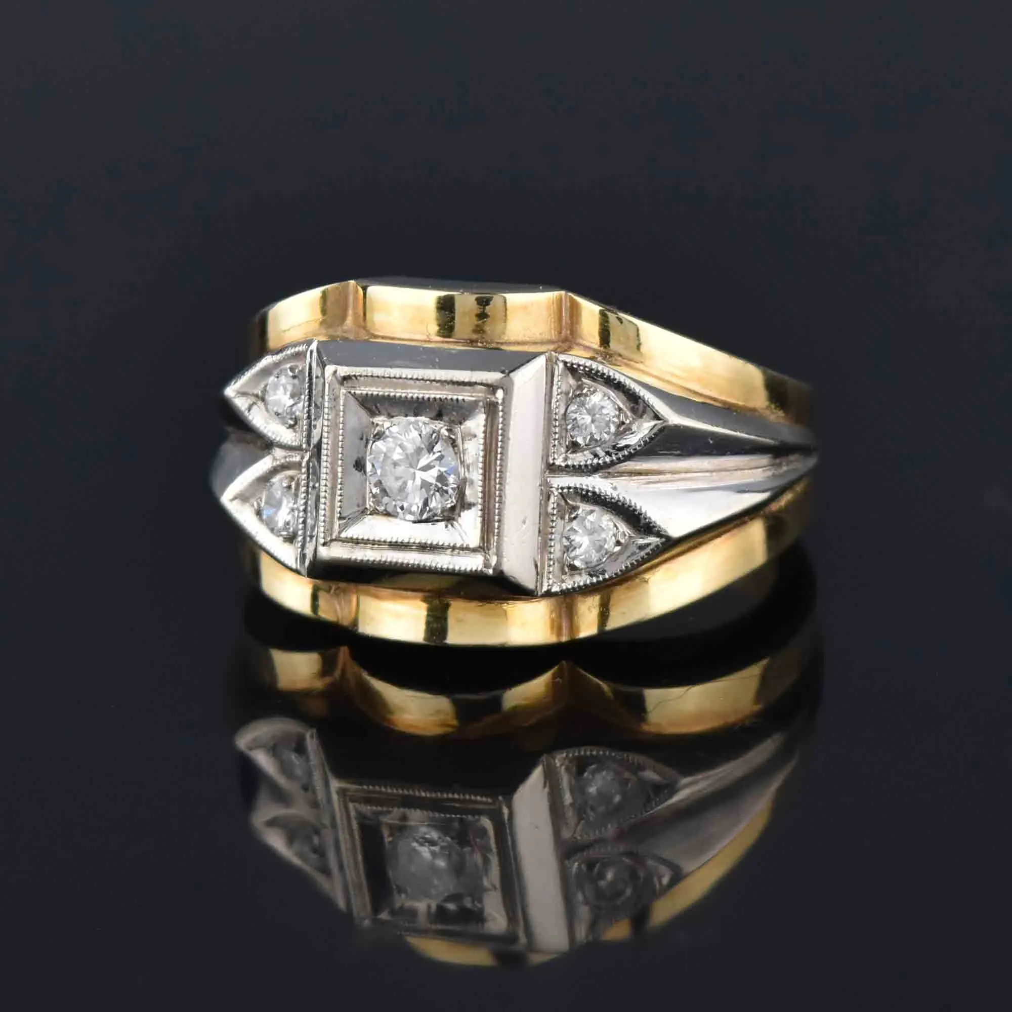 Mens Diamond Art Deco Style Signet Ring in 14K Gold