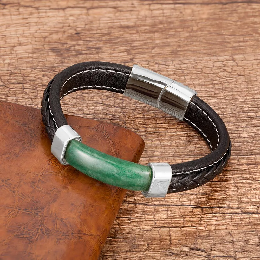 Men's Genuine Leather Natural Stone Braided Bangle Bracelets