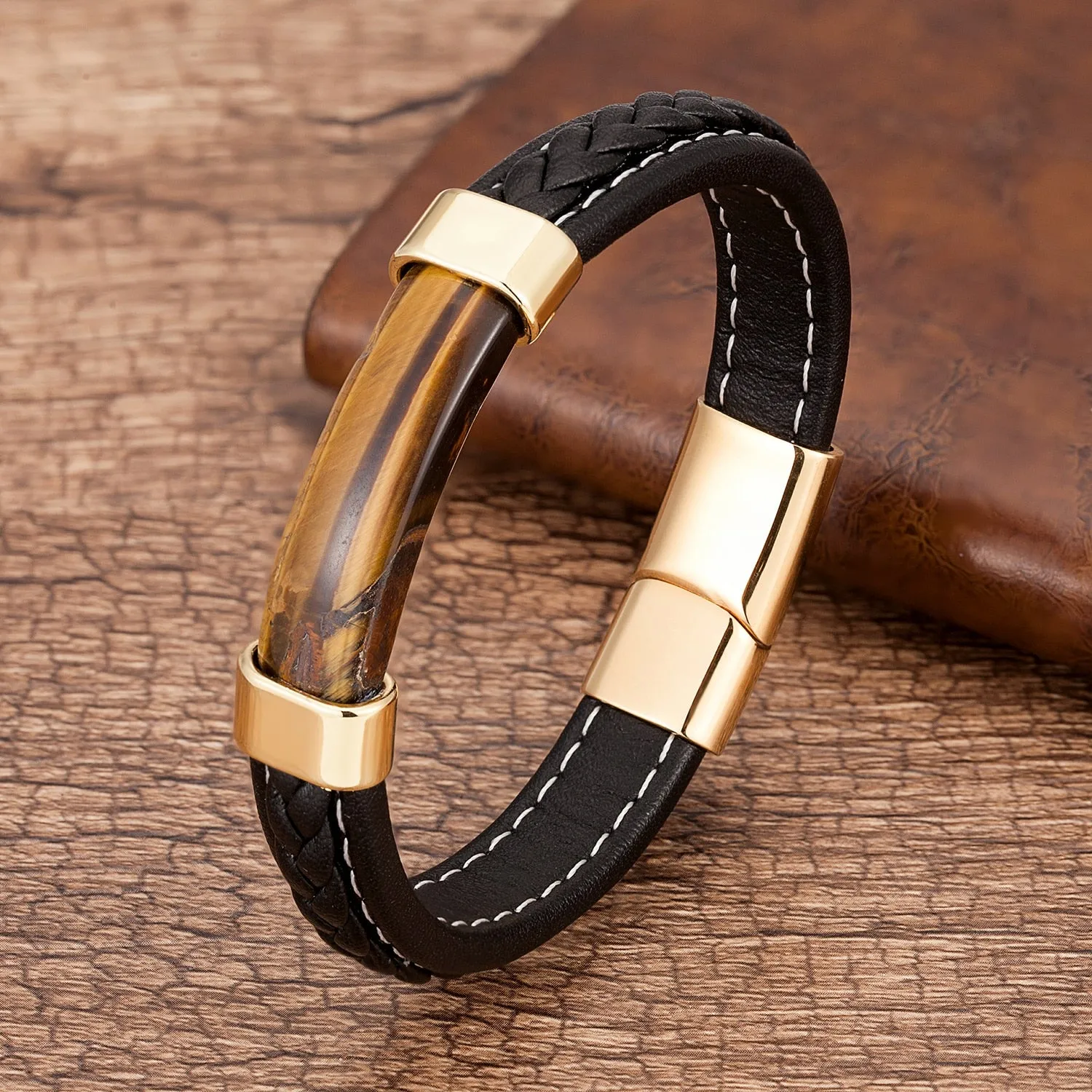 Men's Genuine Leather Natural Stone Braided Bangle Bracelets