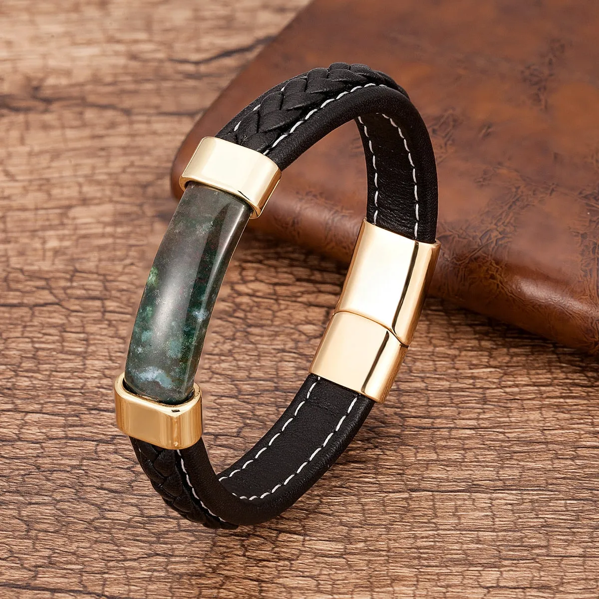 Men's Genuine Leather Natural Stone Braided Bangle Bracelets