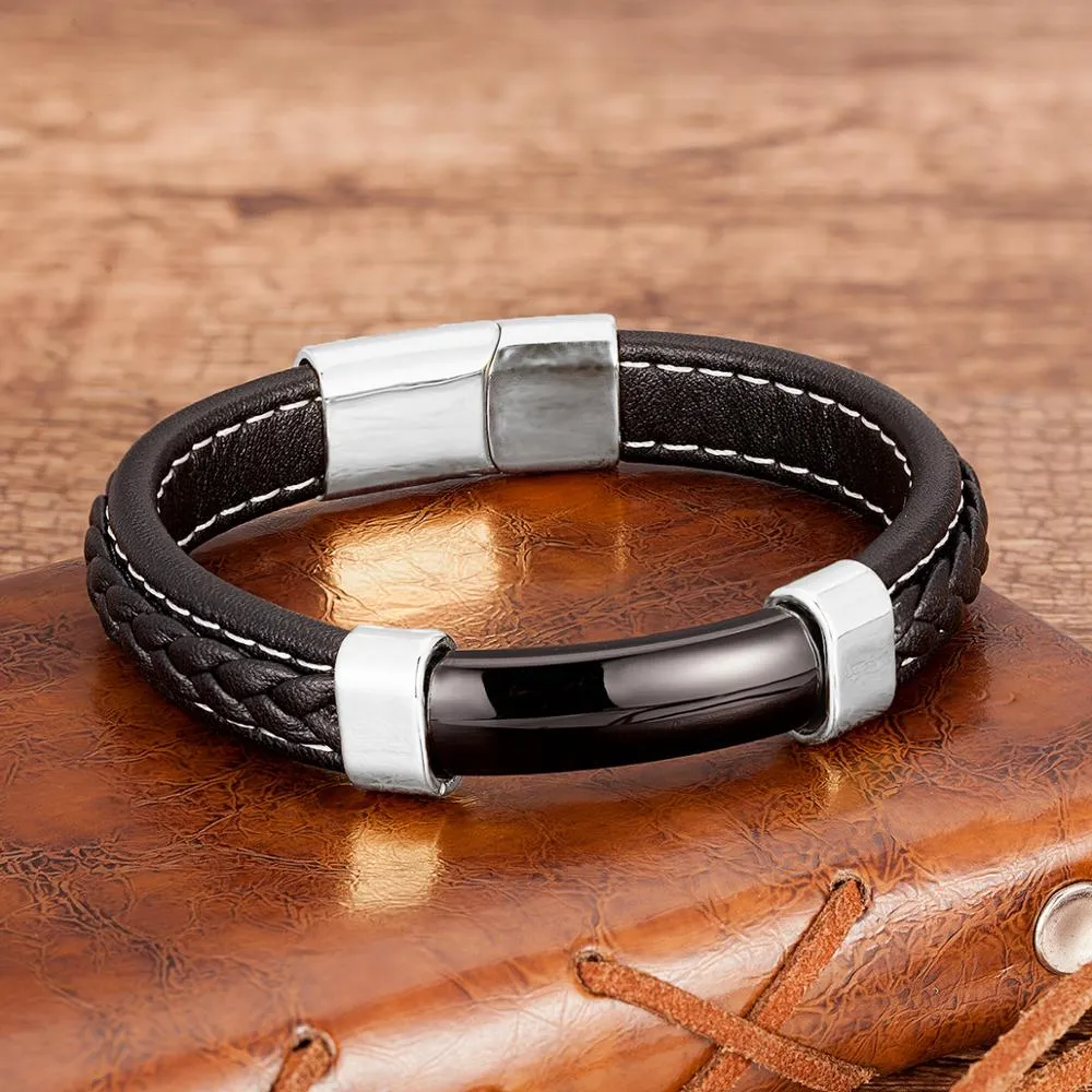 Men's Genuine Leather Natural Stone Braided Bangle Bracelets