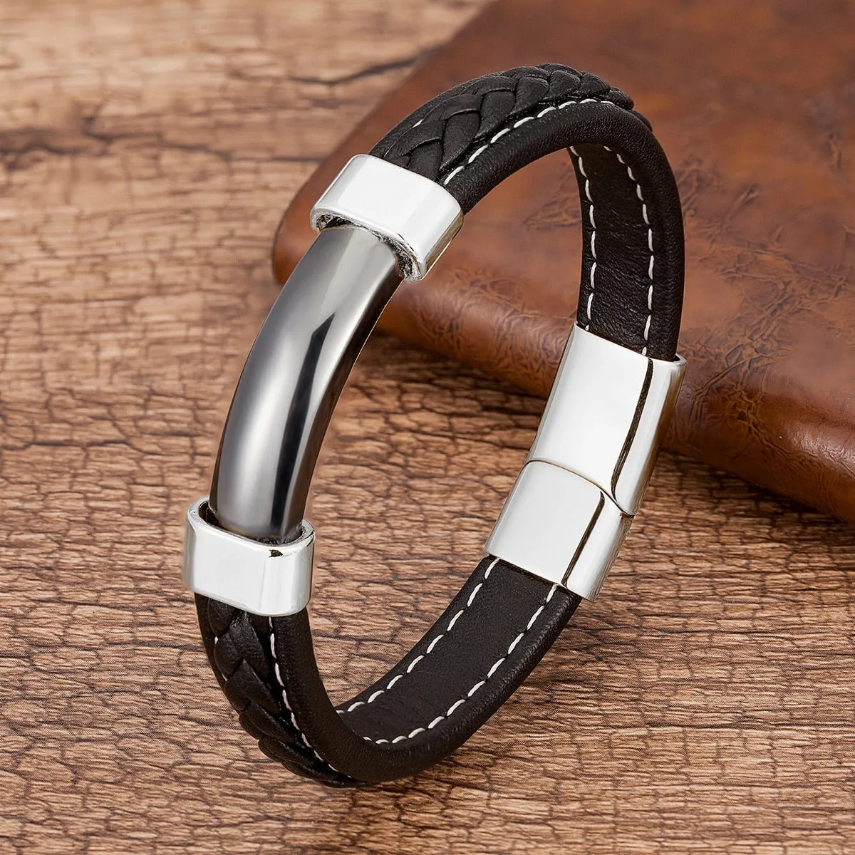 Men's Genuine Leather Natural Stone Braided Bangle Bracelets