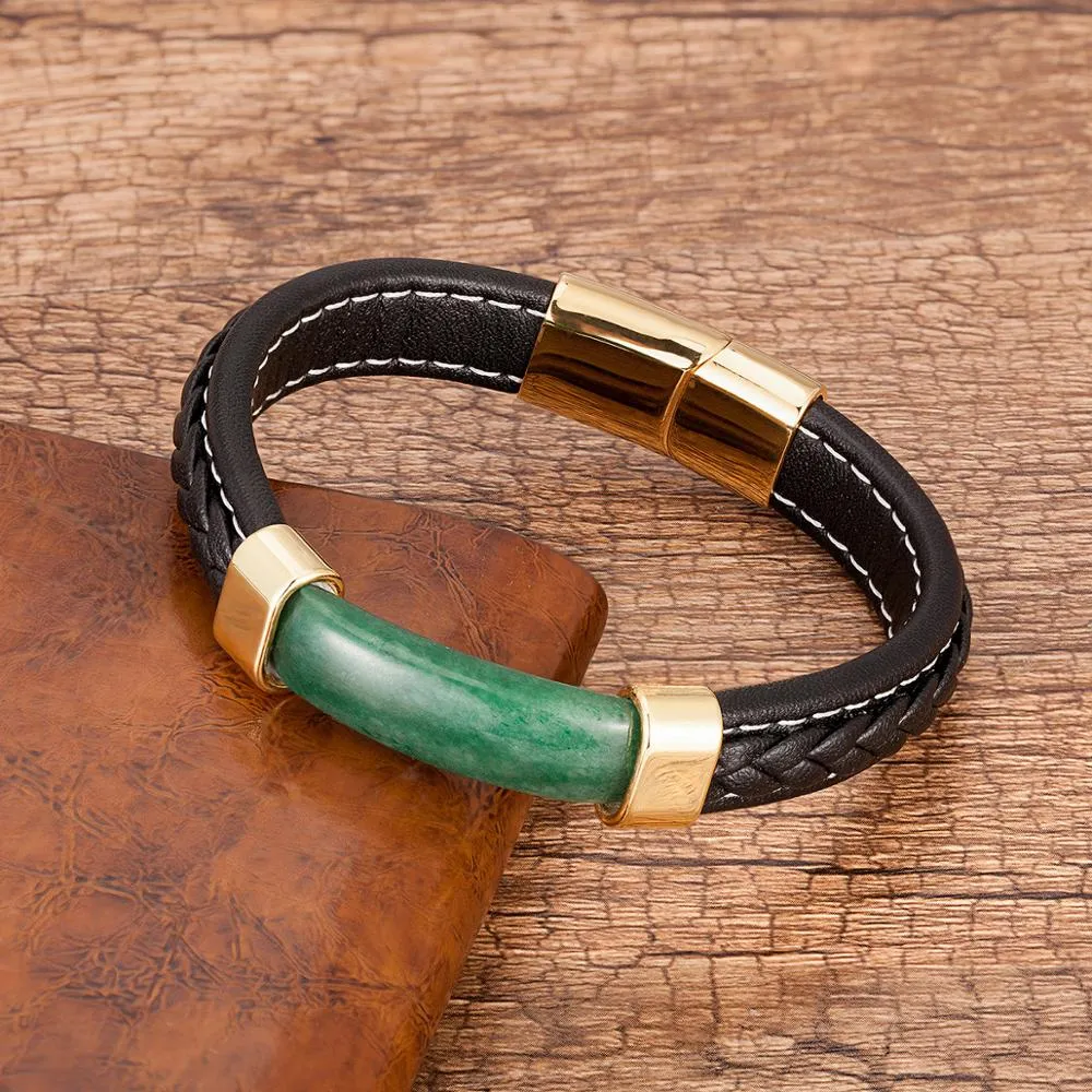 Men's Genuine Leather Natural Stone Braided Bangle Bracelets