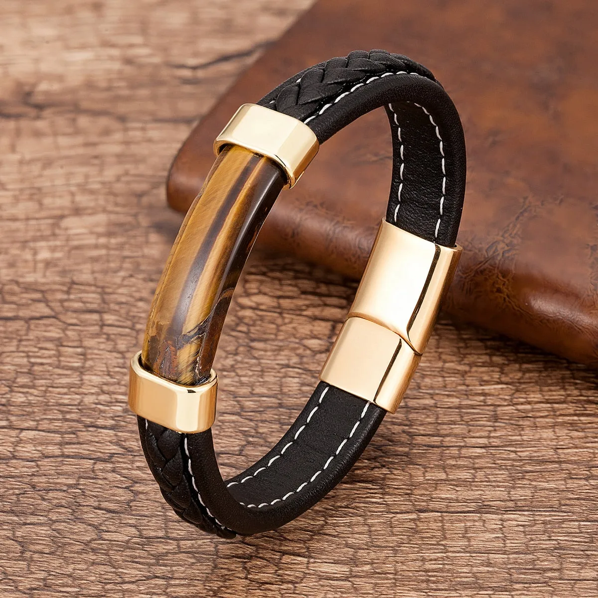 Men's Genuine Leather Natural Stone Braided Bangle Bracelets