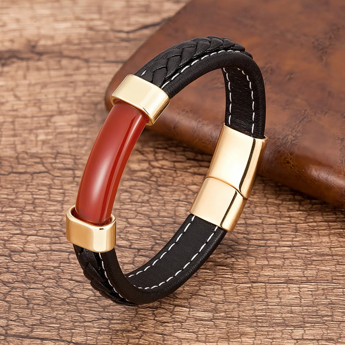 Men's Genuine Leather Natural Stone Braided Bangle Bracelets