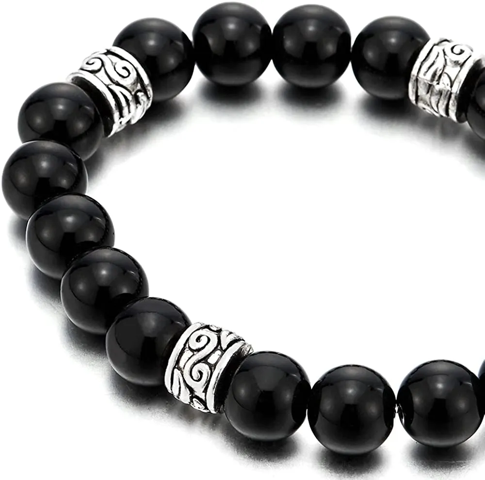 Mens Womens Black Beads Bracelet with 10mm Black Onyx and 4 Ethnic Metal Beads Charms, Prayer Mala