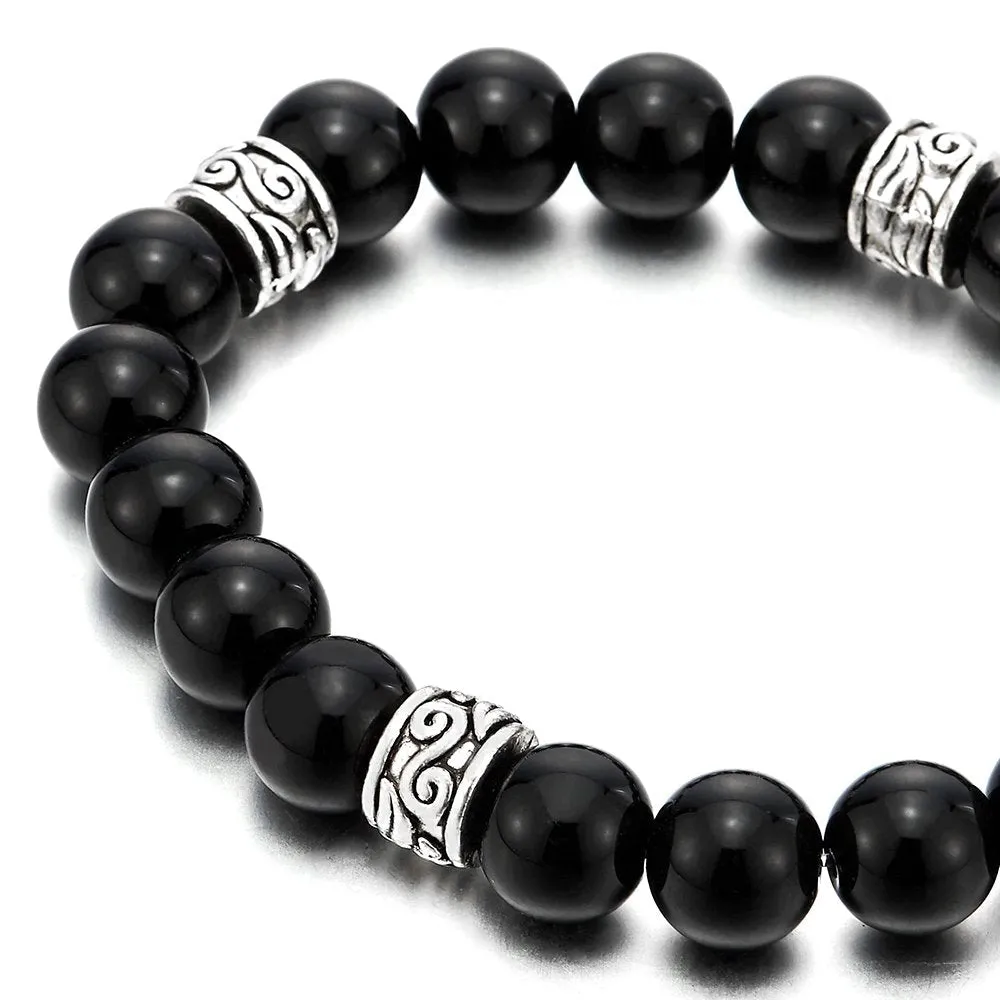 Mens Womens Black Beads Bracelet with 10mm Black Onyx and 4 Ethnic Metal Beads Charms, Prayer Mala