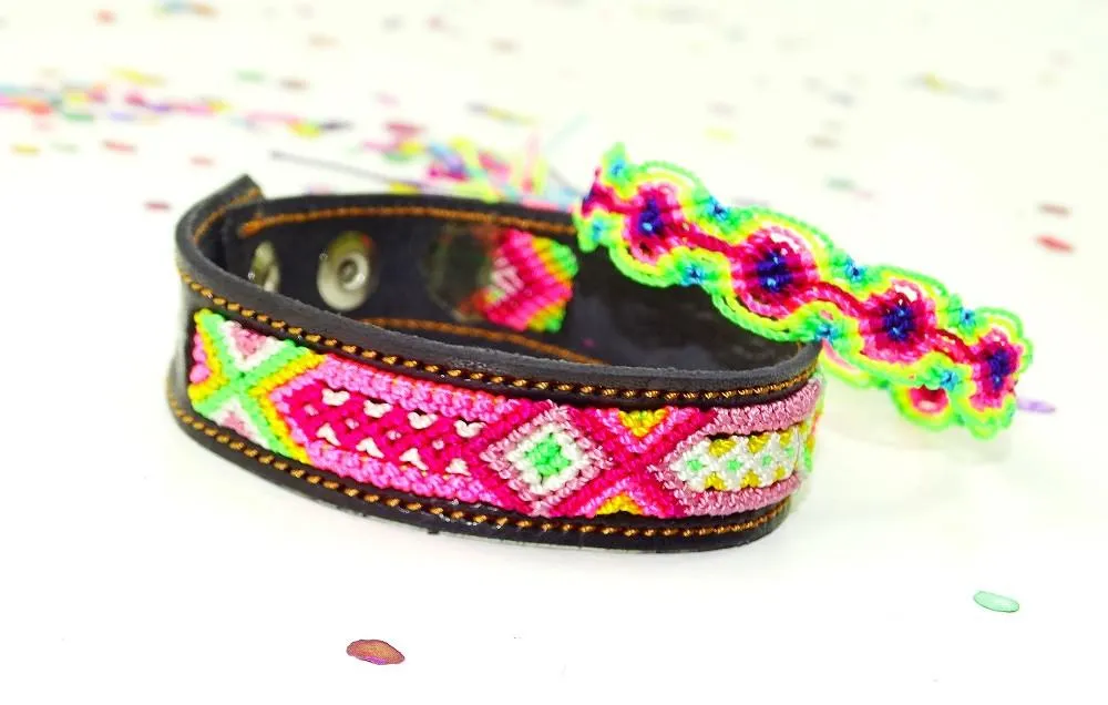 Mexican Friendship Bracelet Set in Pink & Green