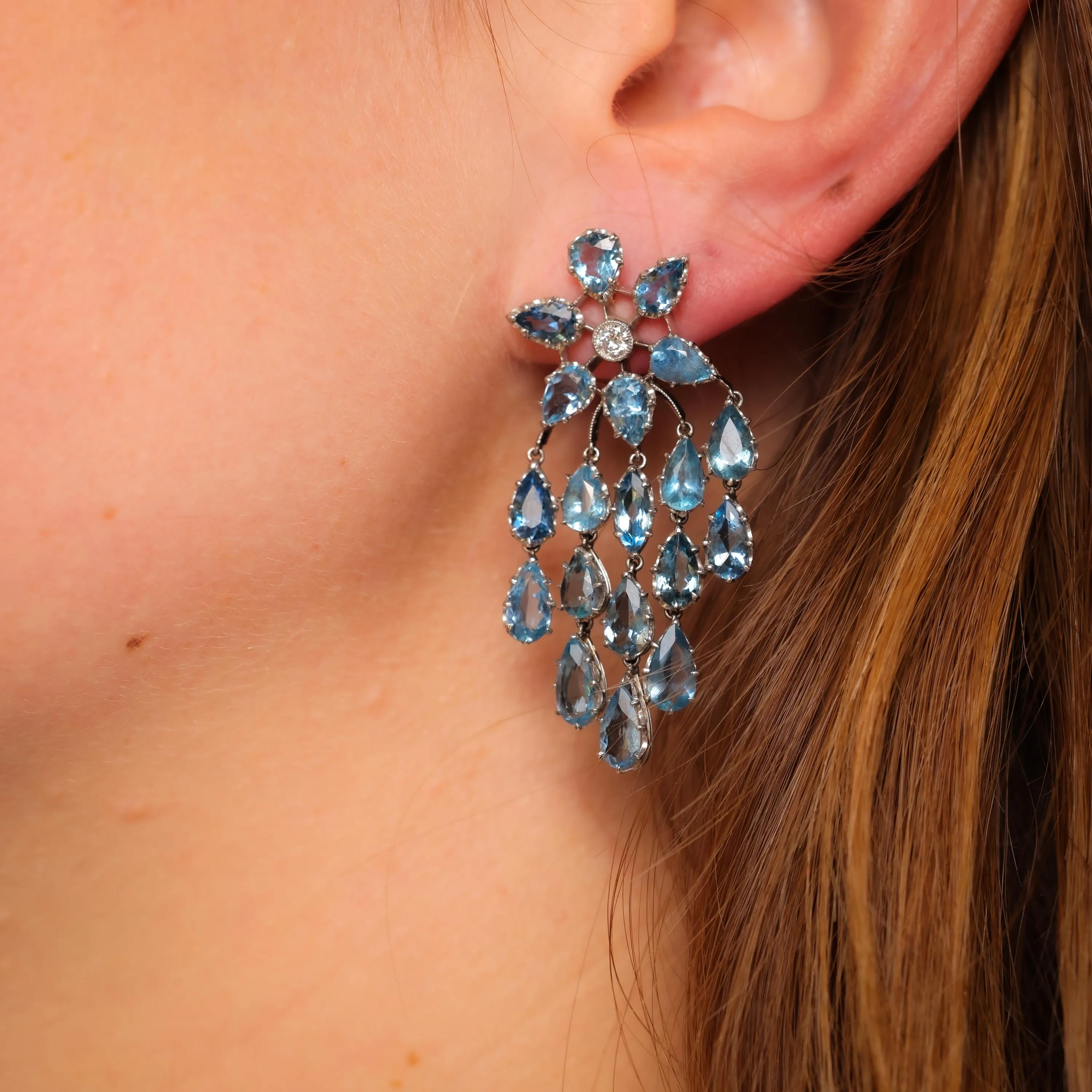 Mid Century inspired 14 carat aquamarine diamond chandelier earrings