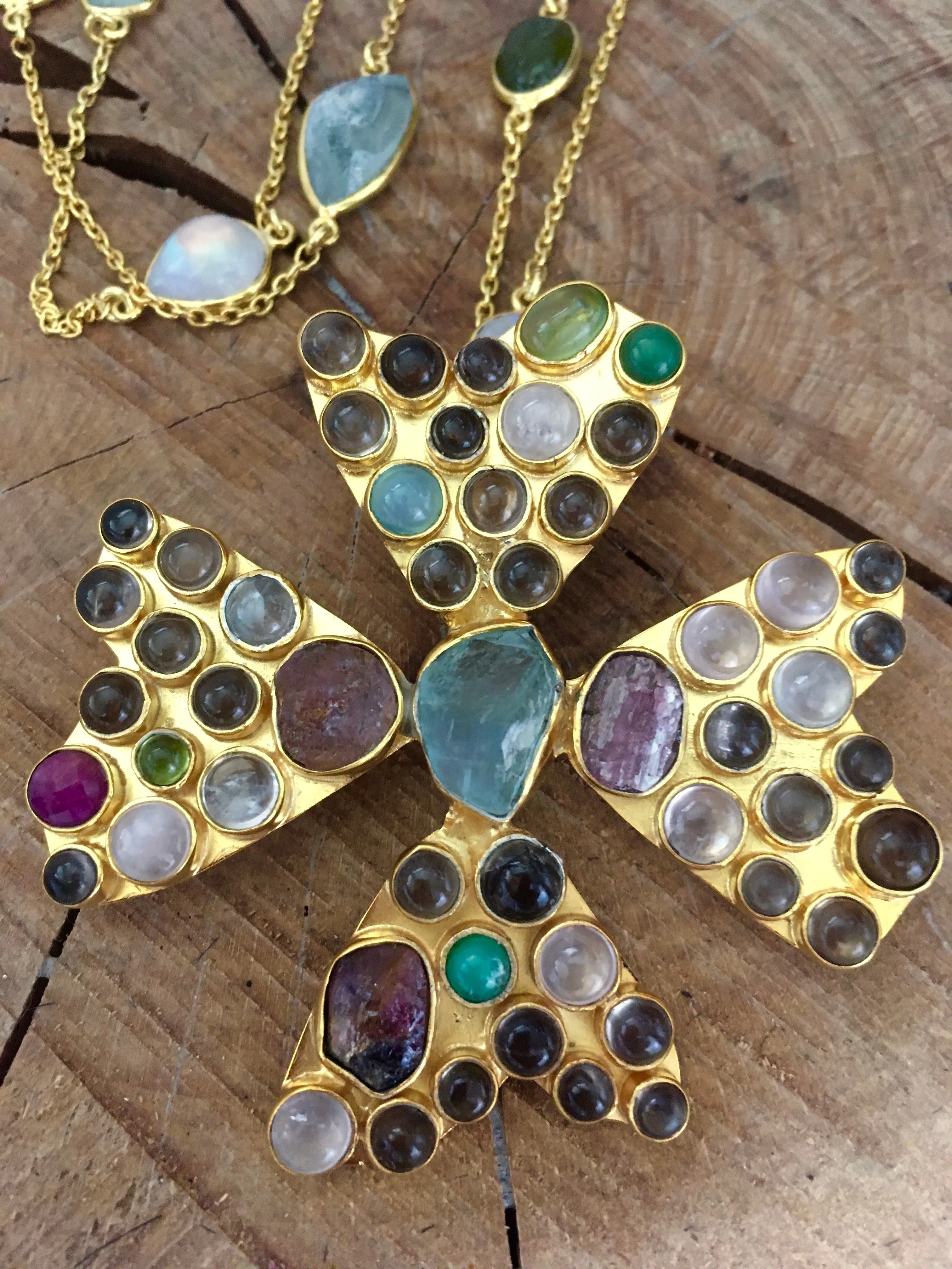 'Midnight in Marrakesh' 14ct Gold Vermeil & Gemstones Statement Maltese Cross Detachable Pendant 40g