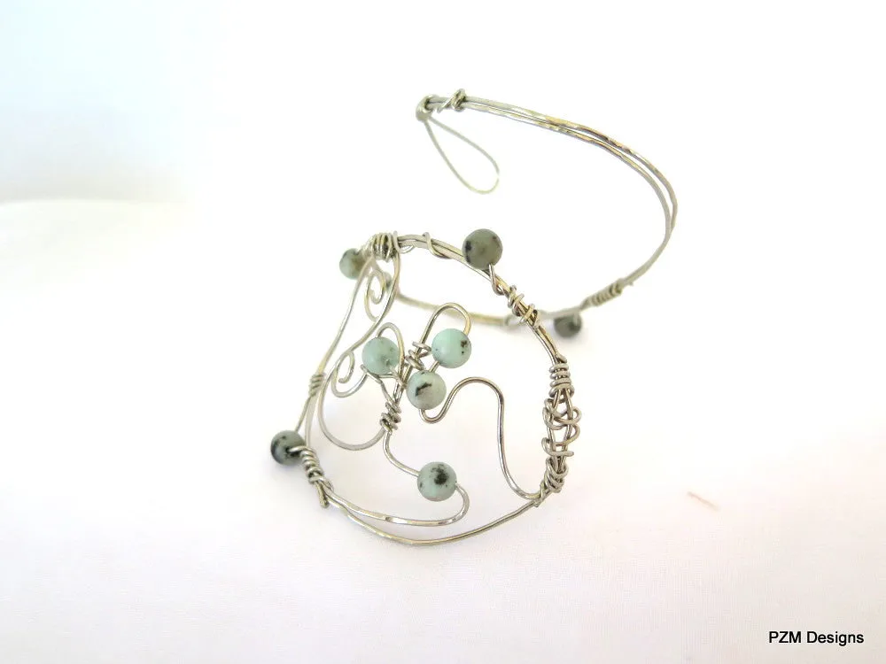 Mint Jasper Hand Bracelet, Wire Wrapped Hand Cuff, Boho Chic Wrist Cuff