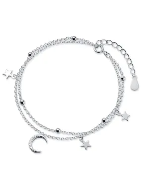 Moon & Star Layered Bracelet, .925 Sterling Silver Waterproof Hypoallergenic Layered Stacked Dainty Bracelet