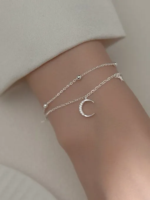 Moon & Star Layered Bracelet, .925 Sterling Silver Waterproof Hypoallergenic Layered Stacked Dainty Bracelet