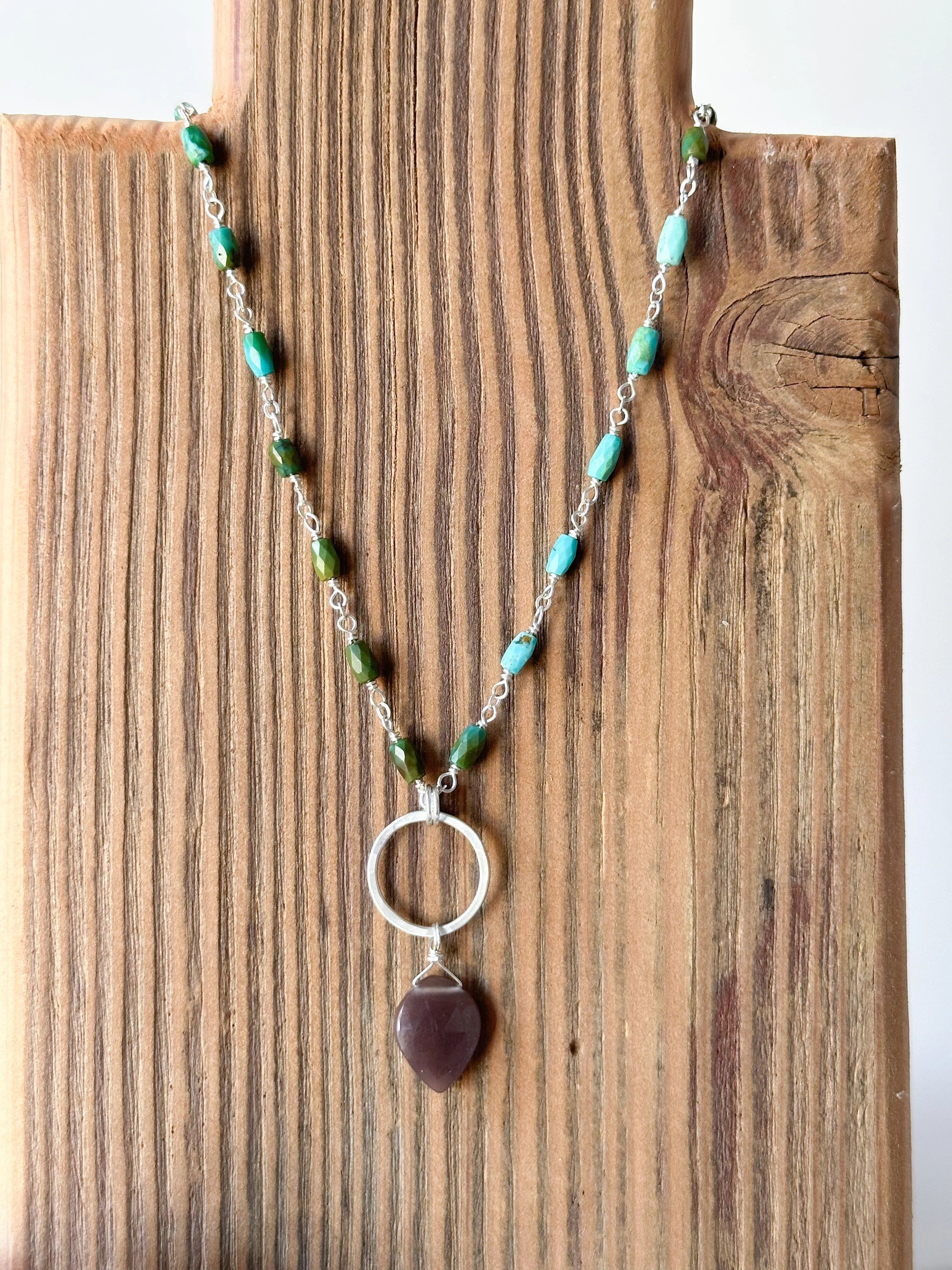 N2318 - ss brown moonstone and turquoise necklace