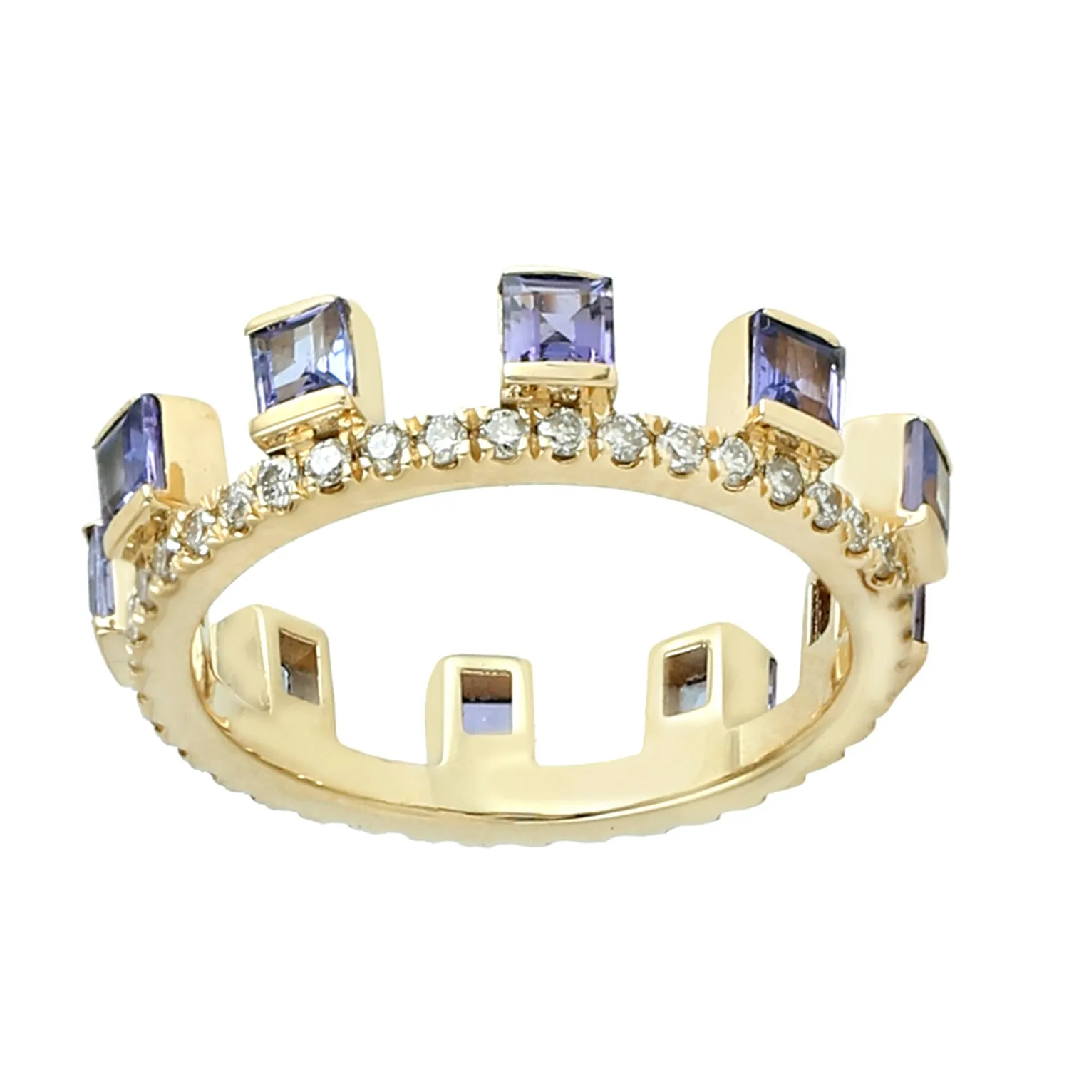 Natural Square Tanzanite Diamond Tiara Design 18k Yellow Gold Ring