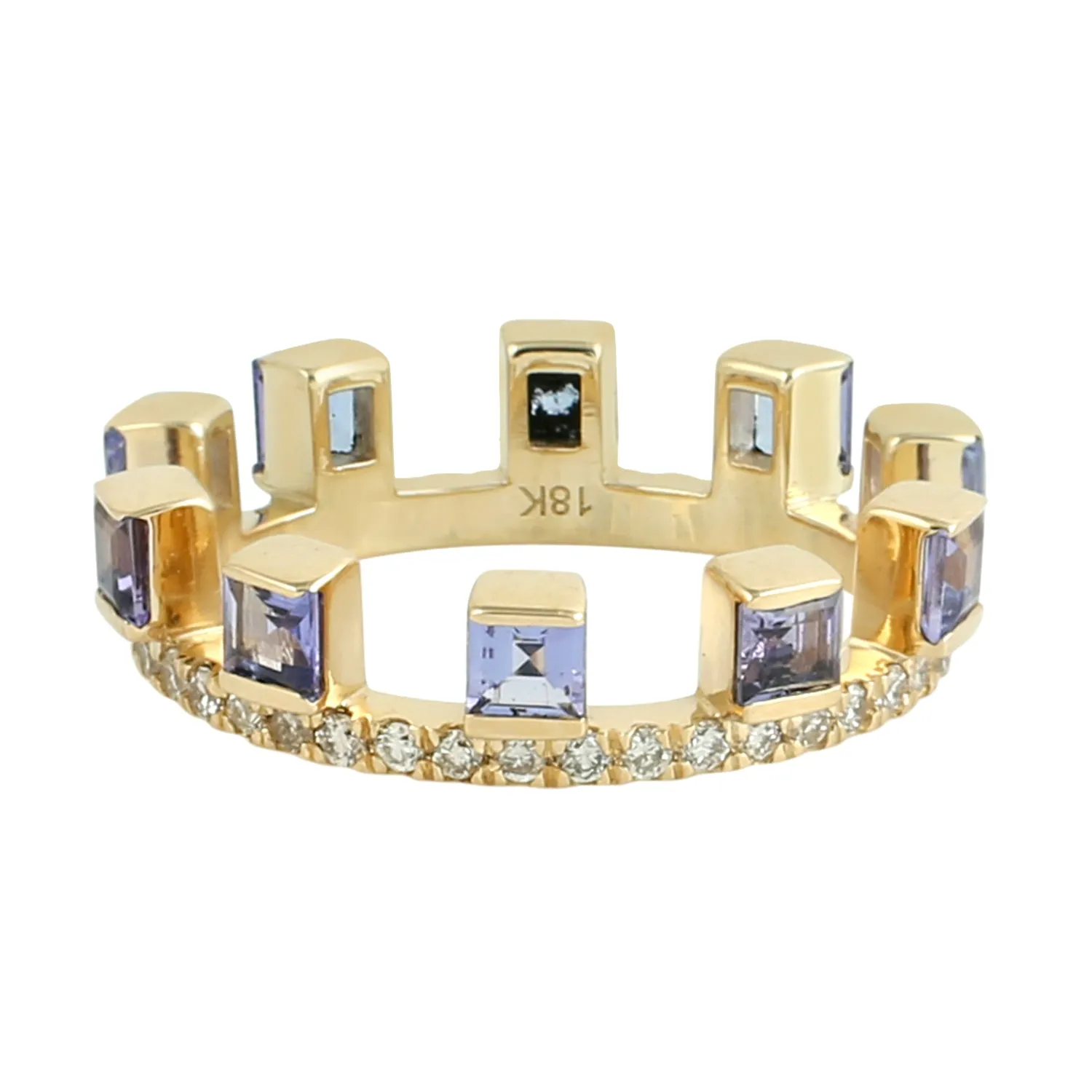 Natural Square Tanzanite Diamond Tiara Design 18k Yellow Gold Ring