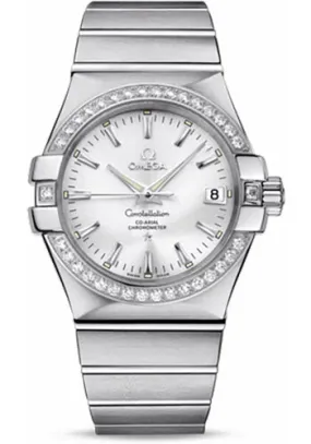 Omega Gents Constellation Chronometer Watch - 35 mm Brushed Steel Case - Diamond Bezel - Silver Dial - 123.15.35.20.02.001