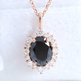 Oval Black Diamond Necklace in 14k Gold Tiara Halo Diamond Pendant