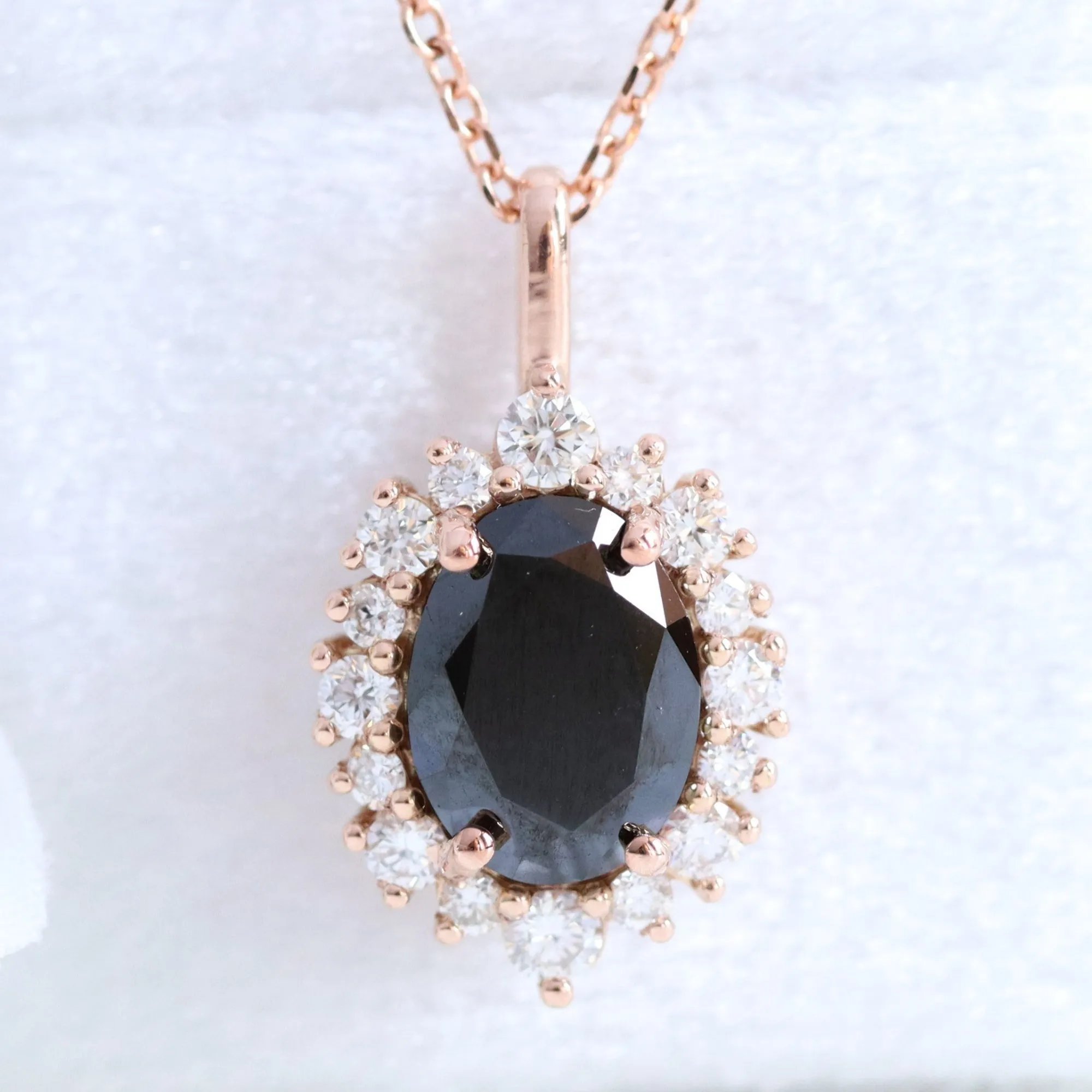 Oval Black Diamond Necklace in 14k Gold Tiara Halo Diamond Pendant