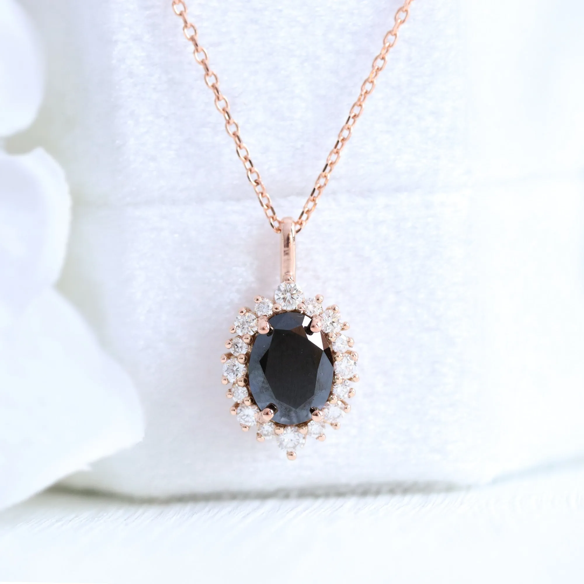 Oval Black Diamond Necklace in 14k Gold Tiara Halo Diamond Pendant