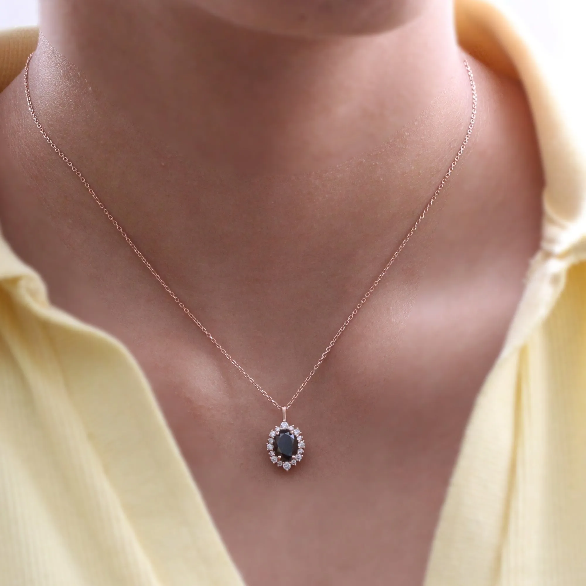 Oval Black Diamond Necklace in 14k Gold Tiara Halo Diamond Pendant