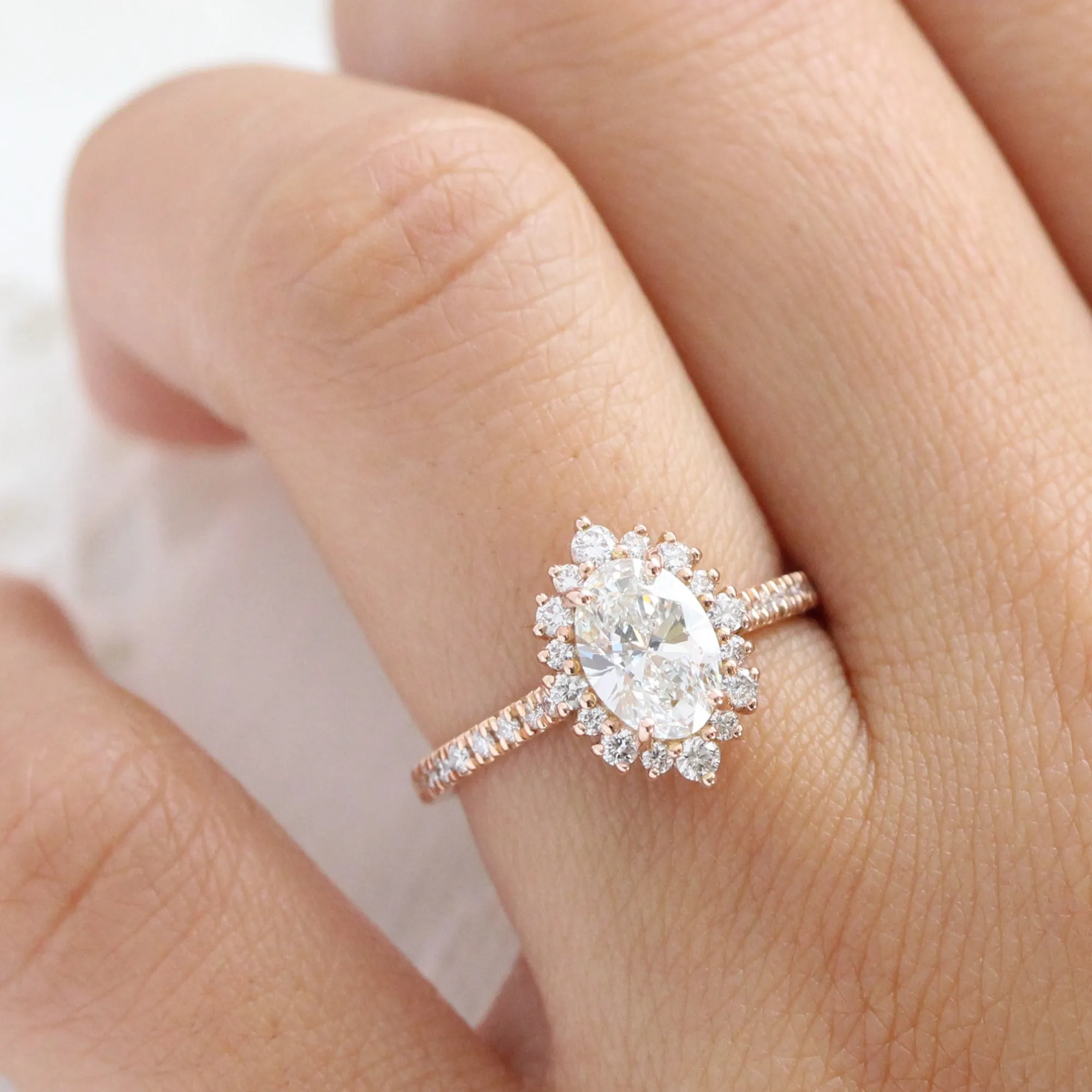 Oval Lab Diamond Ring Pave Band w/ Natural Diamonds in Tiara Halo Ring