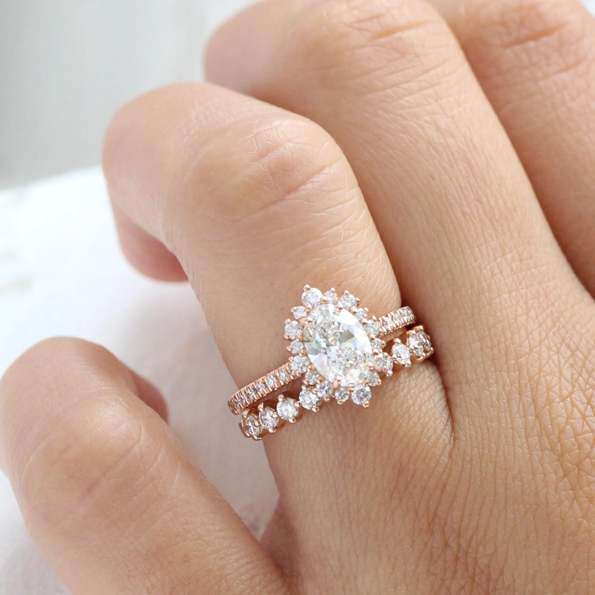 Oval Lab Diamond Ring Pave Band w/ Natural Diamonds in Tiara Halo Ring