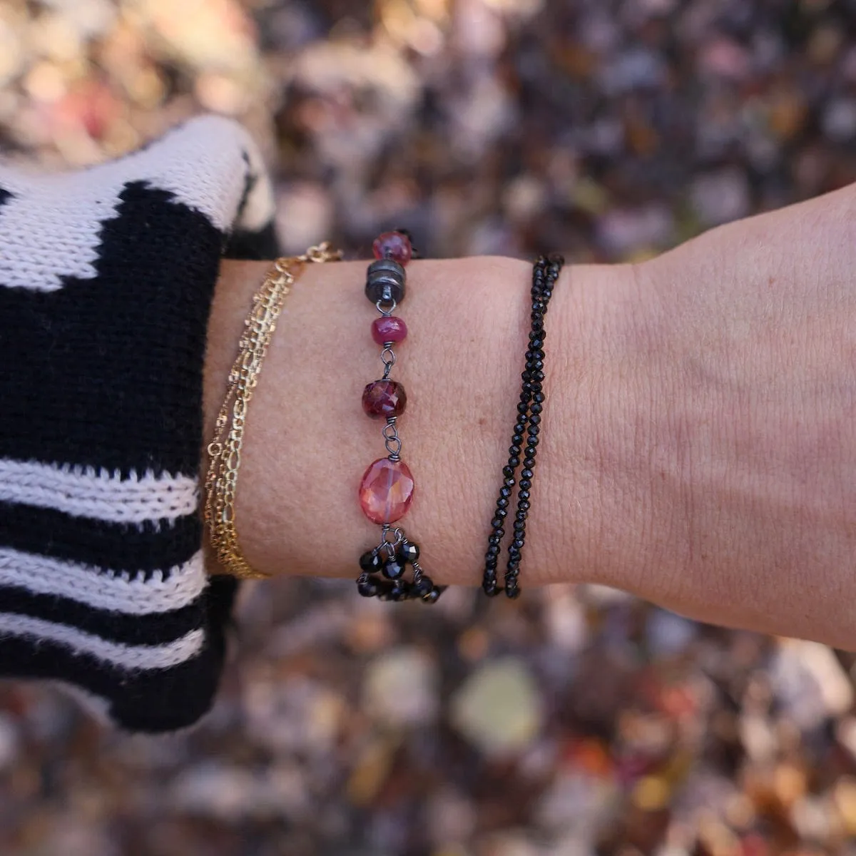 Oxidized Sterling Silver Three Strand Black Spinel Bracelet