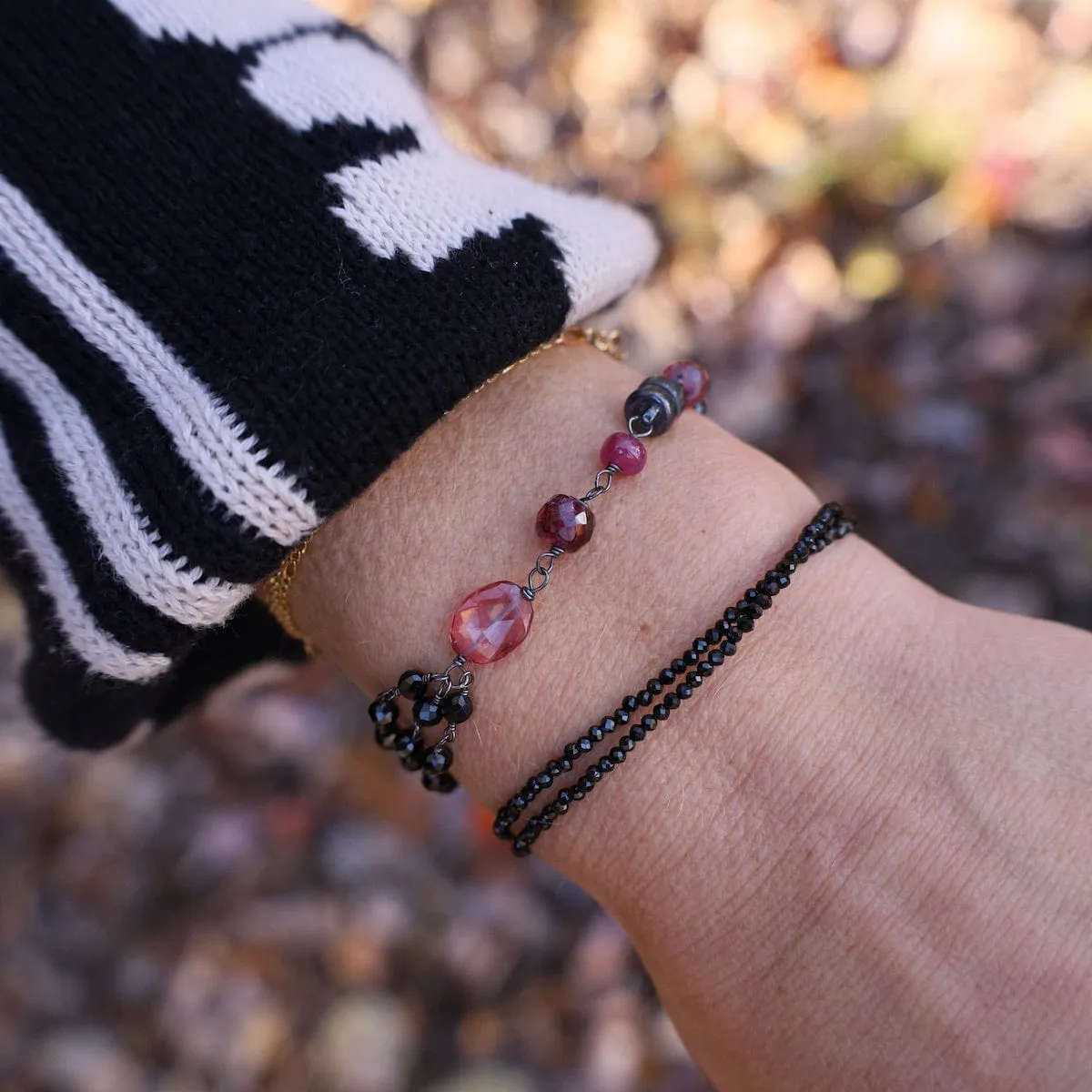 Oxidized Sterling Silver Three Strand Black Spinel Bracelet