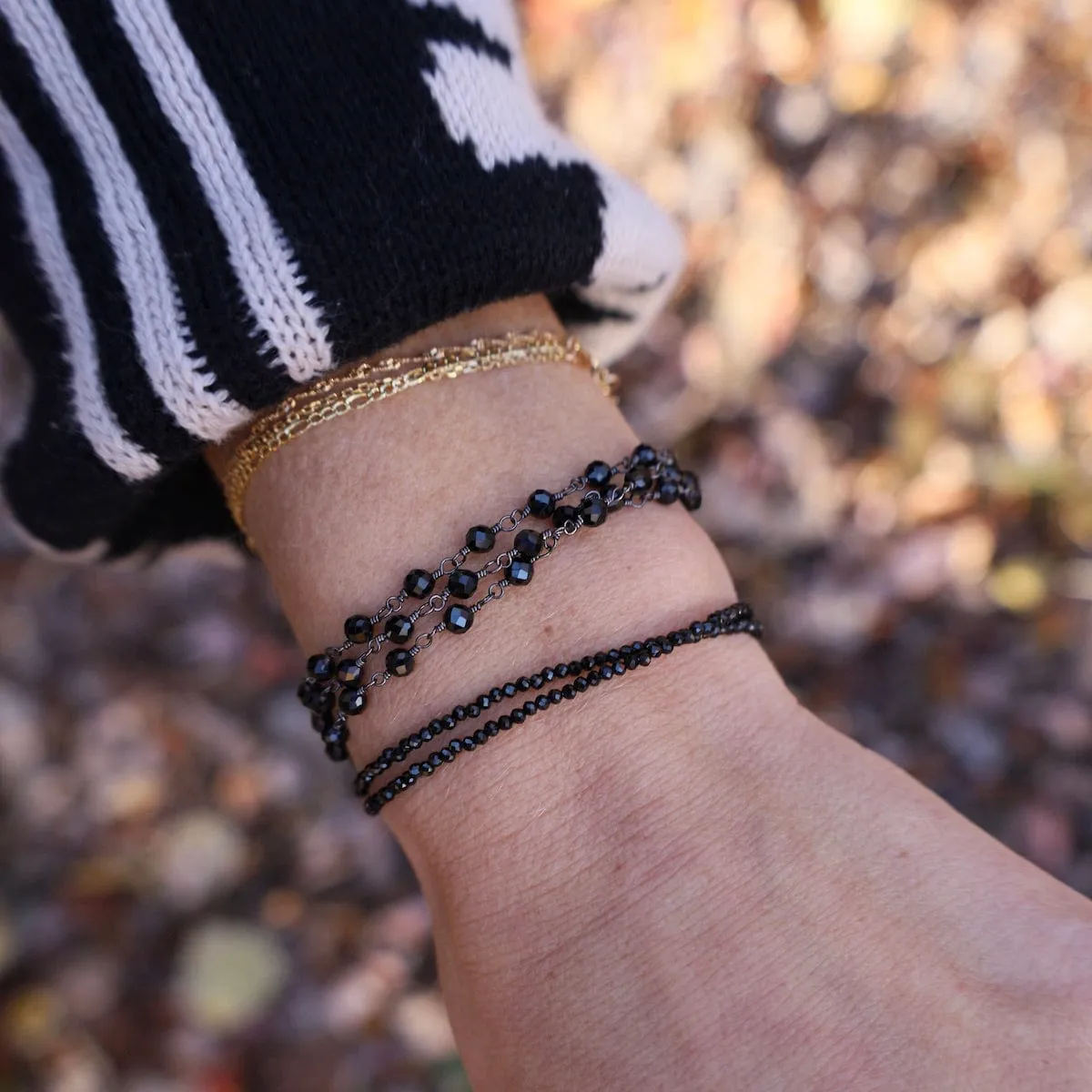 Oxidized Sterling Silver Three Strand Black Spinel Bracelet