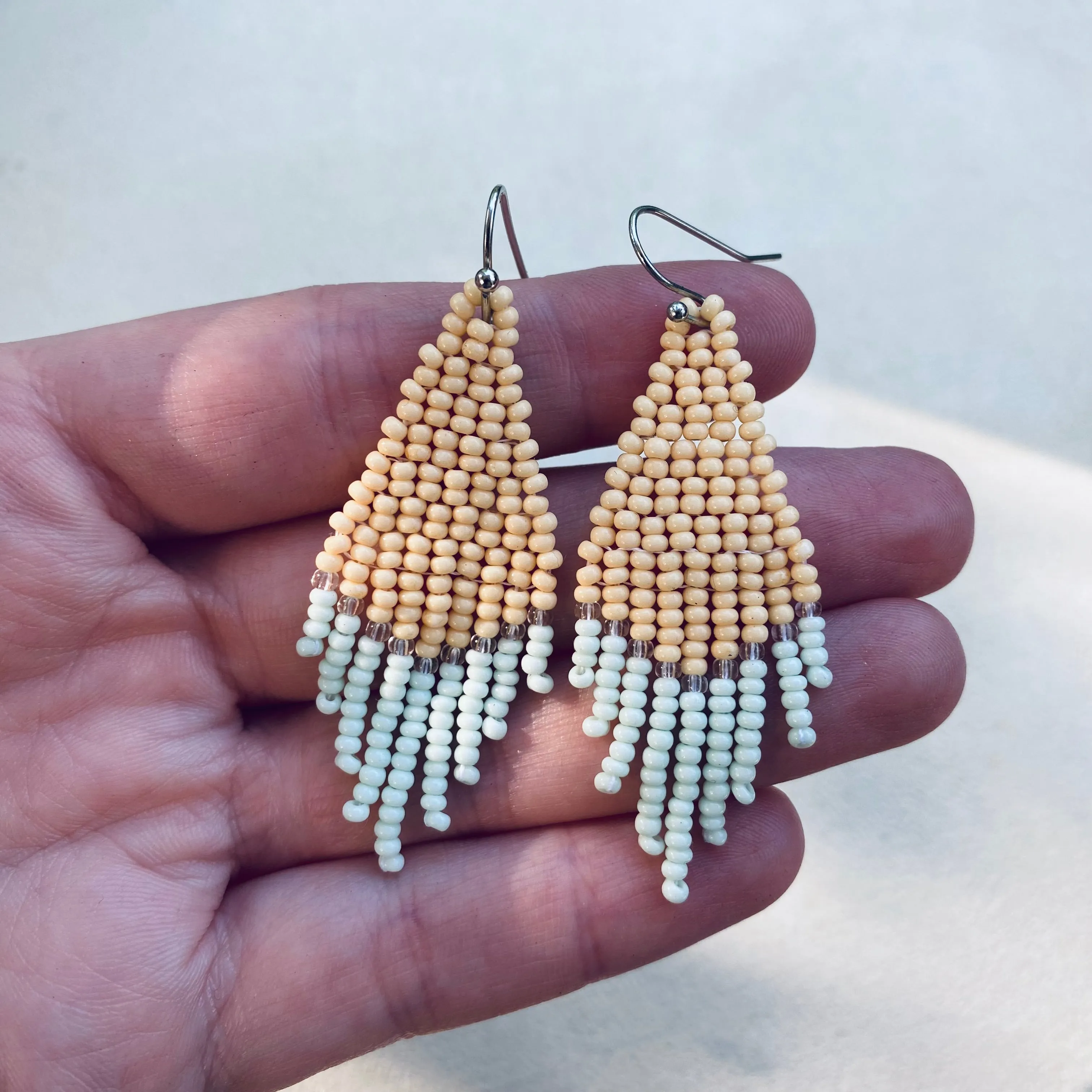 Pastel Seed Beaded Earrings. Cute Aesthetic earrings. Small Fringe earrings for Women. Chandelier earrings with short fringe.