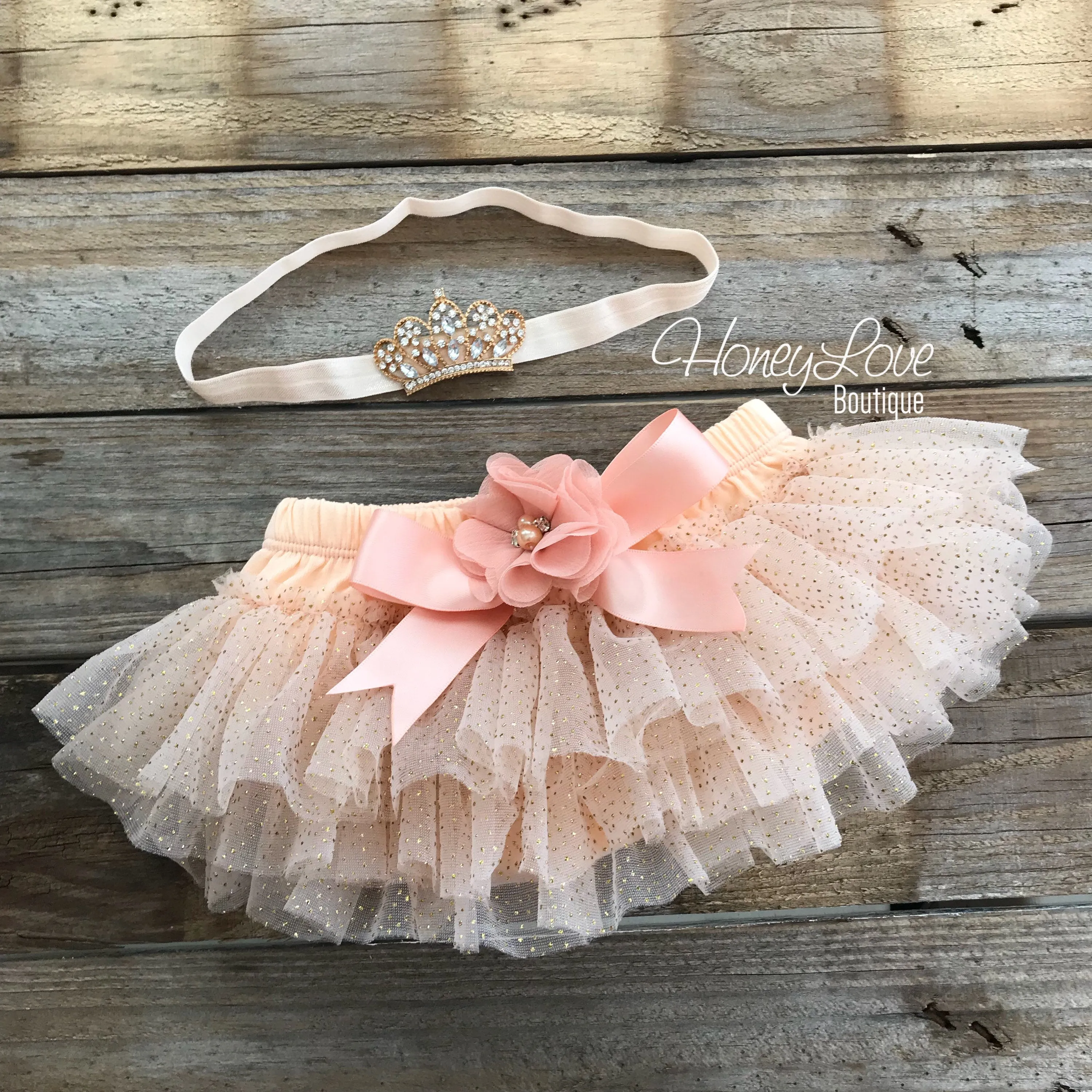 Peach and Gold glitter tutu skirt bloomers and tiara headband - embellished bloomers