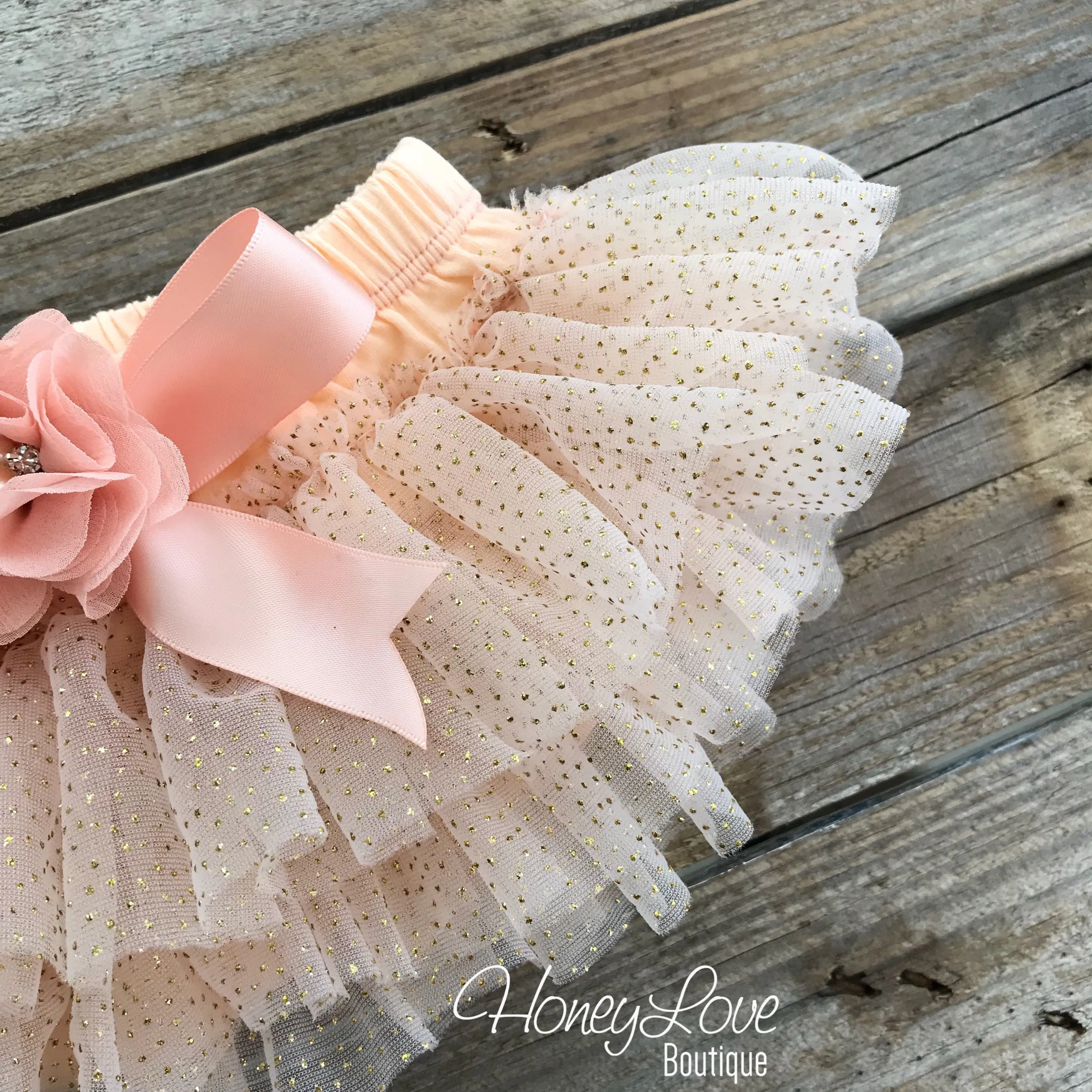 Peach and Gold glitter tutu skirt bloomers and tiara headband - embellished bloomers