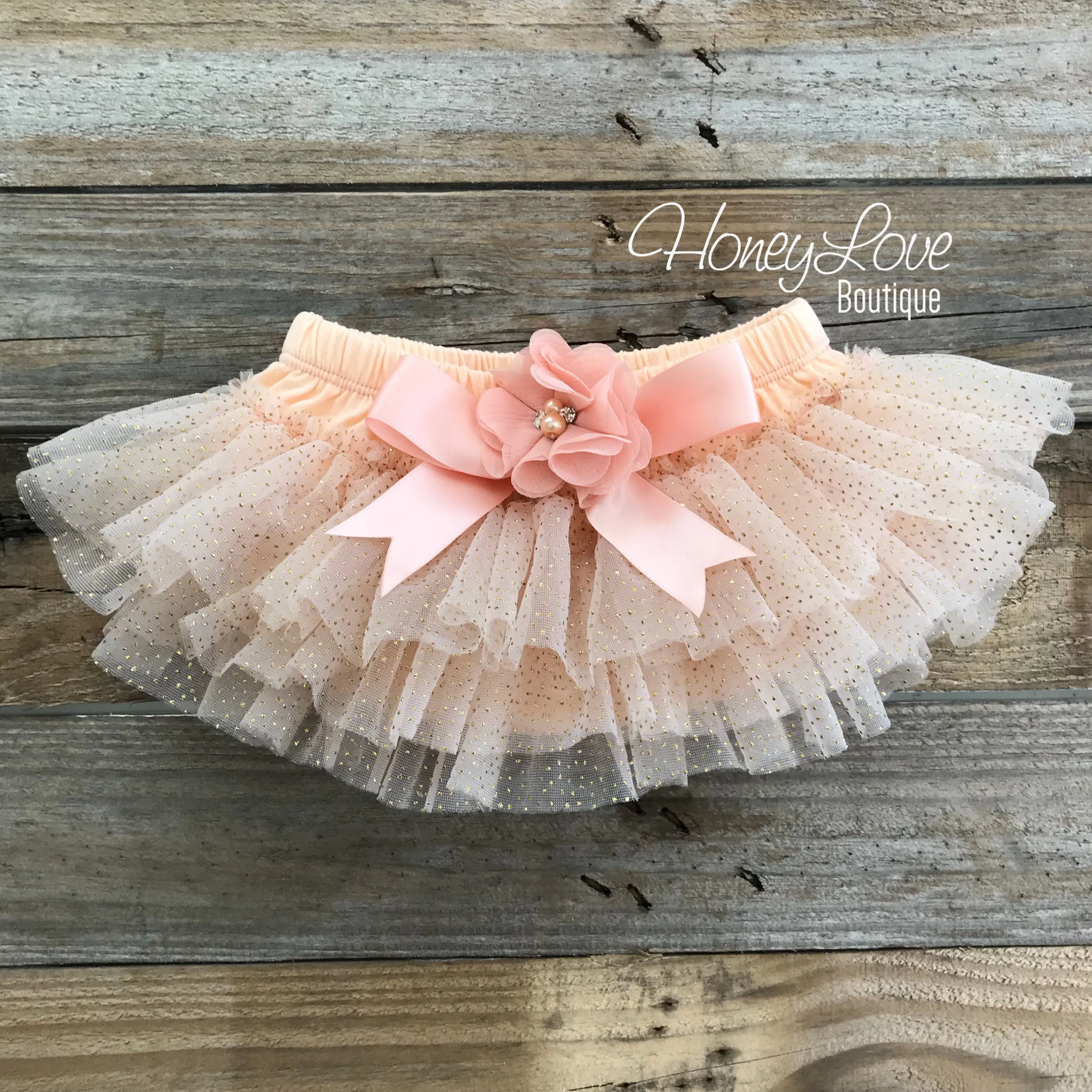 Peach and Gold glitter tutu skirt bloomers and tiara headband - embellished bloomers