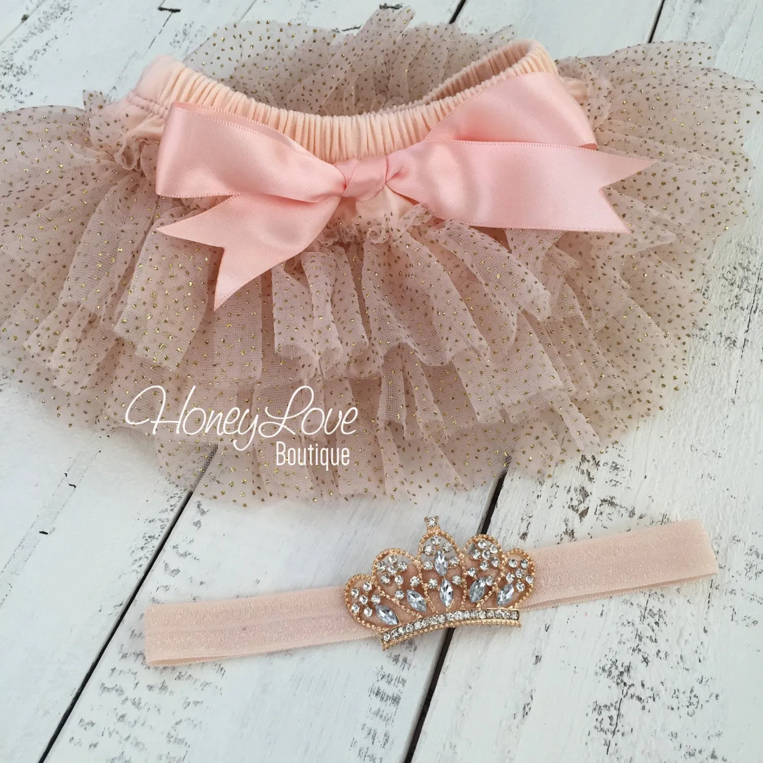 Peach and Gold glitter tutu skirt bloomers and tiara headband