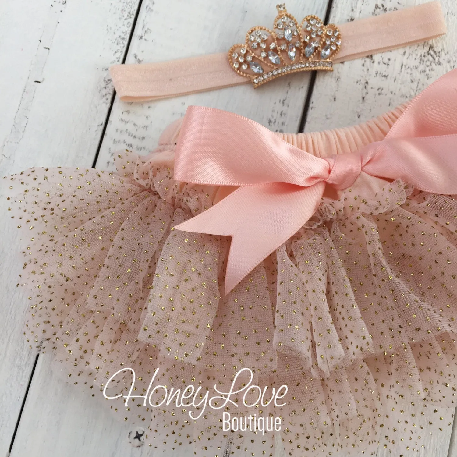 Peach and Gold glitter tutu skirt bloomers and tiara headband