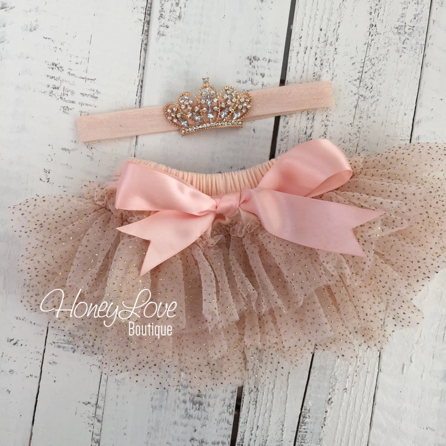 Peach and Gold glitter tutu skirt bloomers and tiara headband