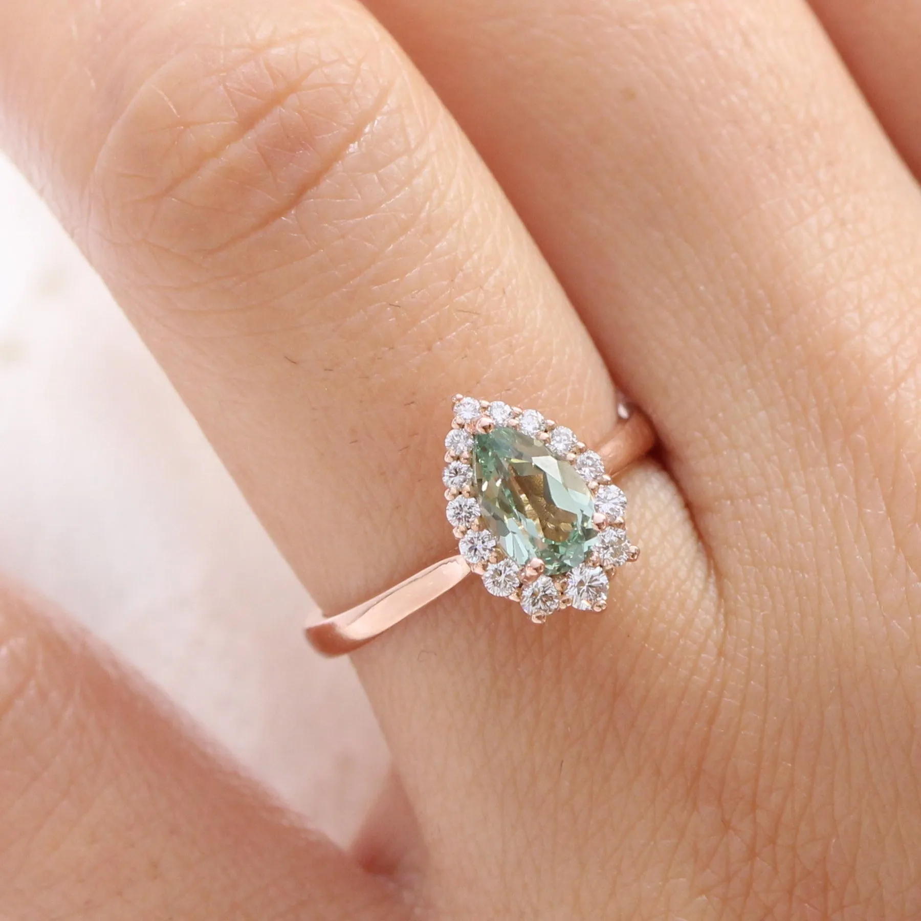 Pear Seafoam Green Sapphire Ring in Tiara Halo Diamond Tapered Band