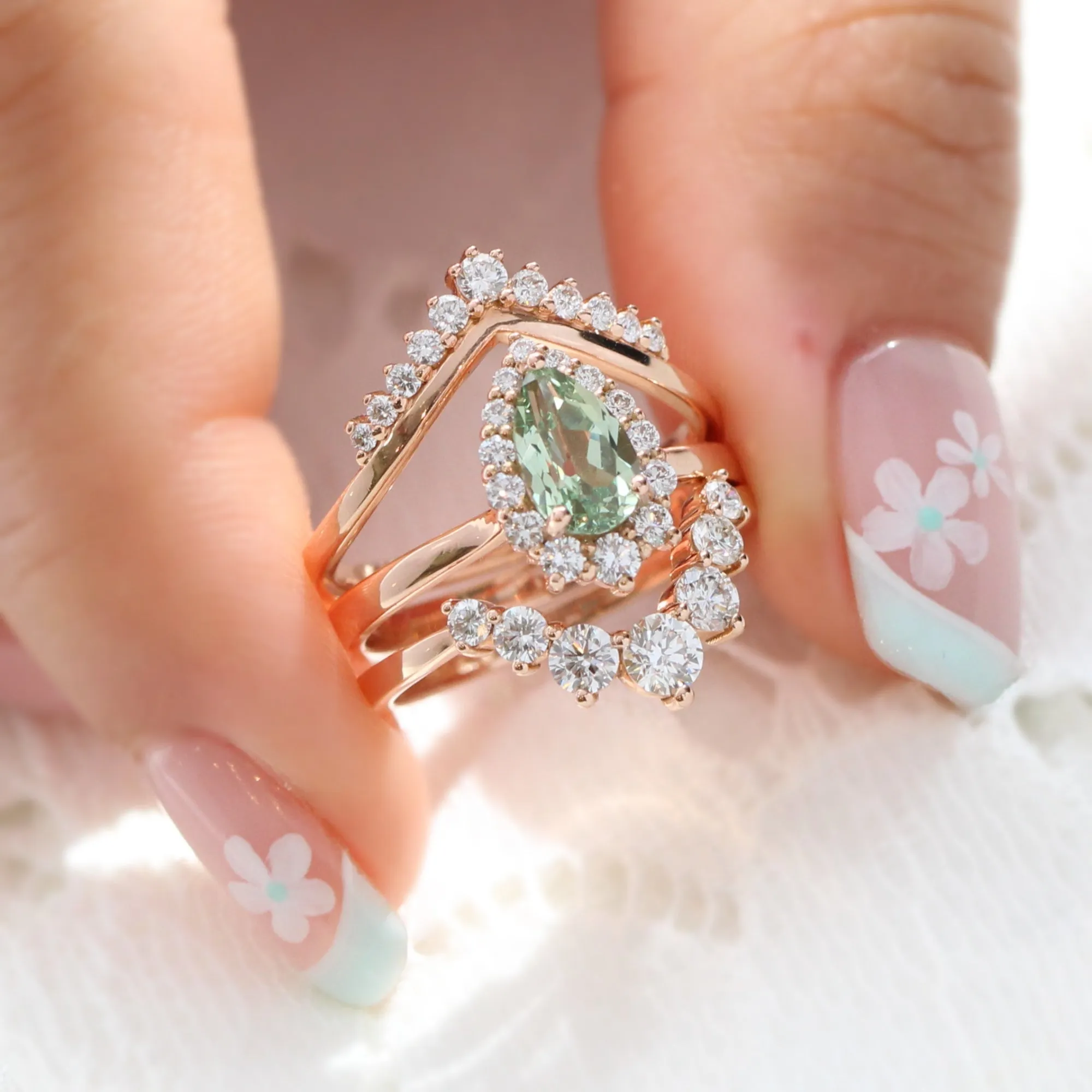 Pear Seafoam Green Sapphire Ring in Tiara Halo Diamond Tapered Band