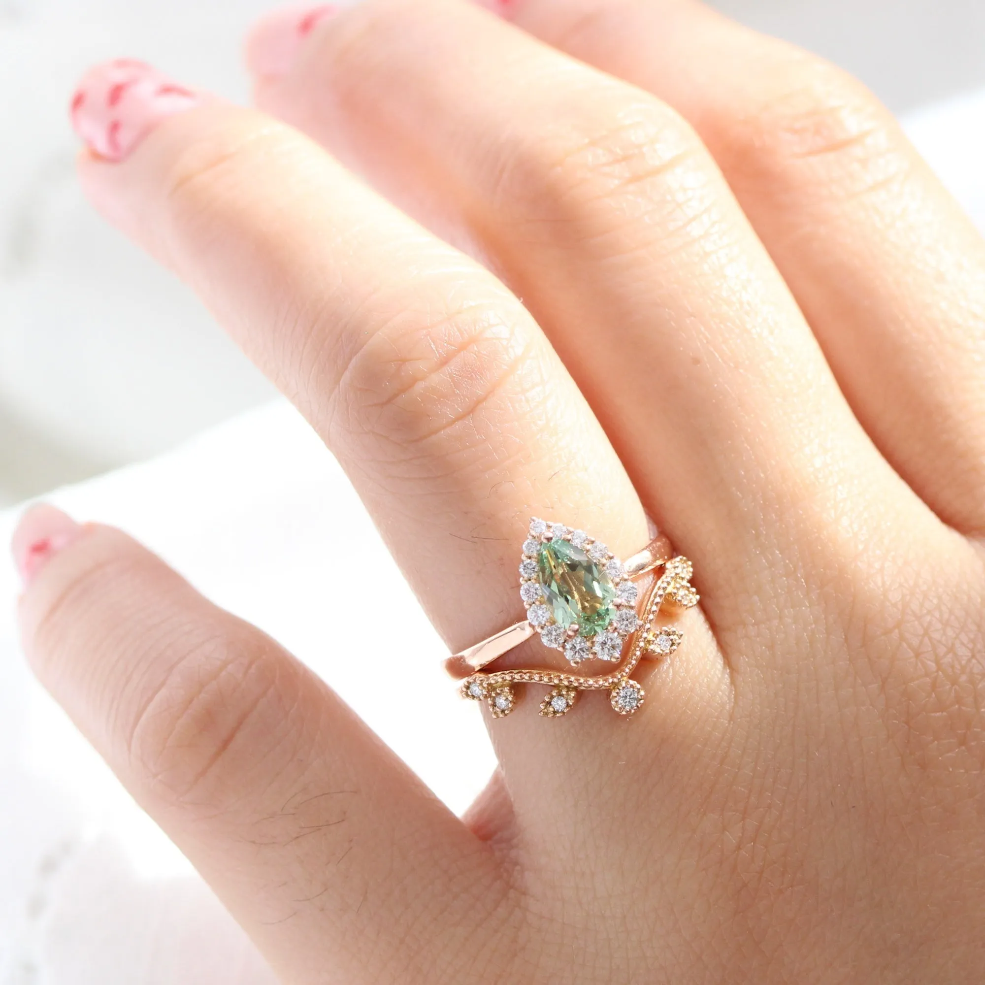 Pear Seafoam Green Sapphire Ring in Tiara Halo Diamond Tapered Band