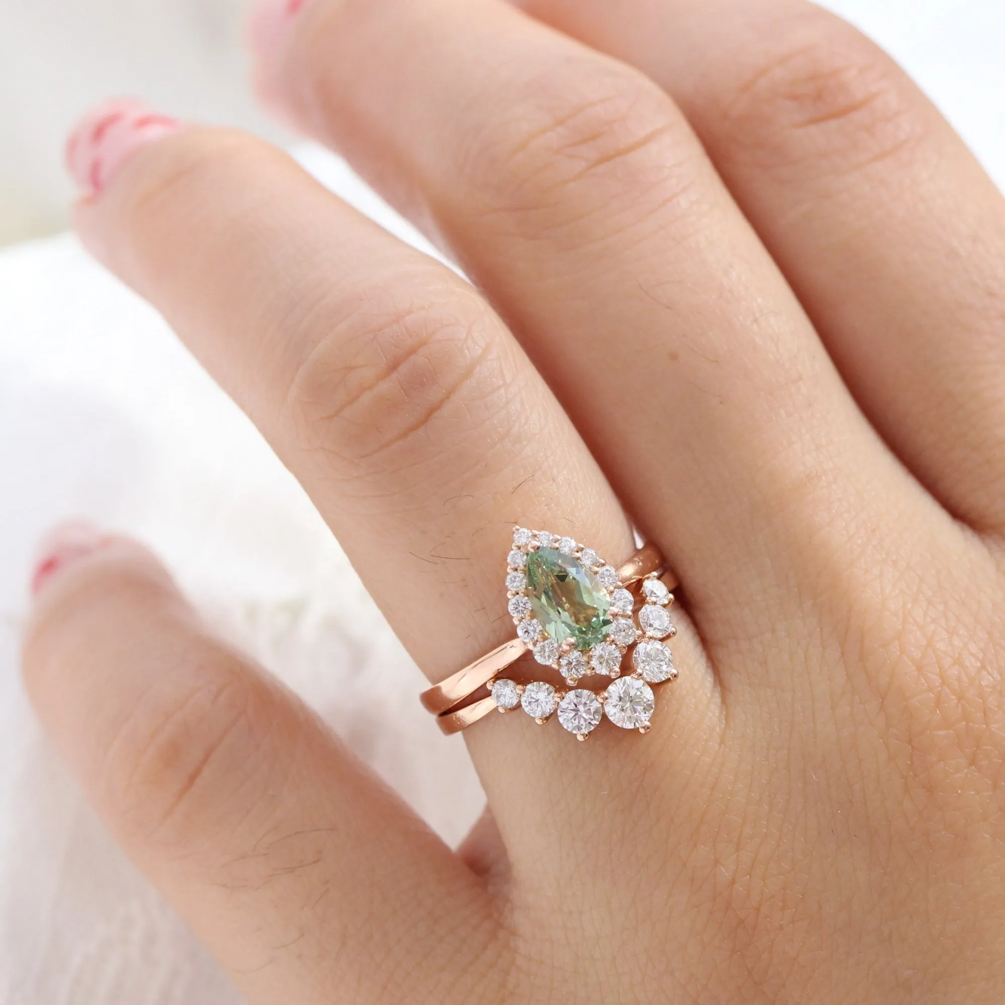 Pear Seafoam Green Sapphire Ring in Tiara Halo Diamond Tapered Band