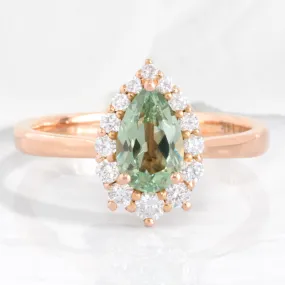 Pear Seafoam Green Sapphire Ring in Tiara Halo Diamond Tapered Band