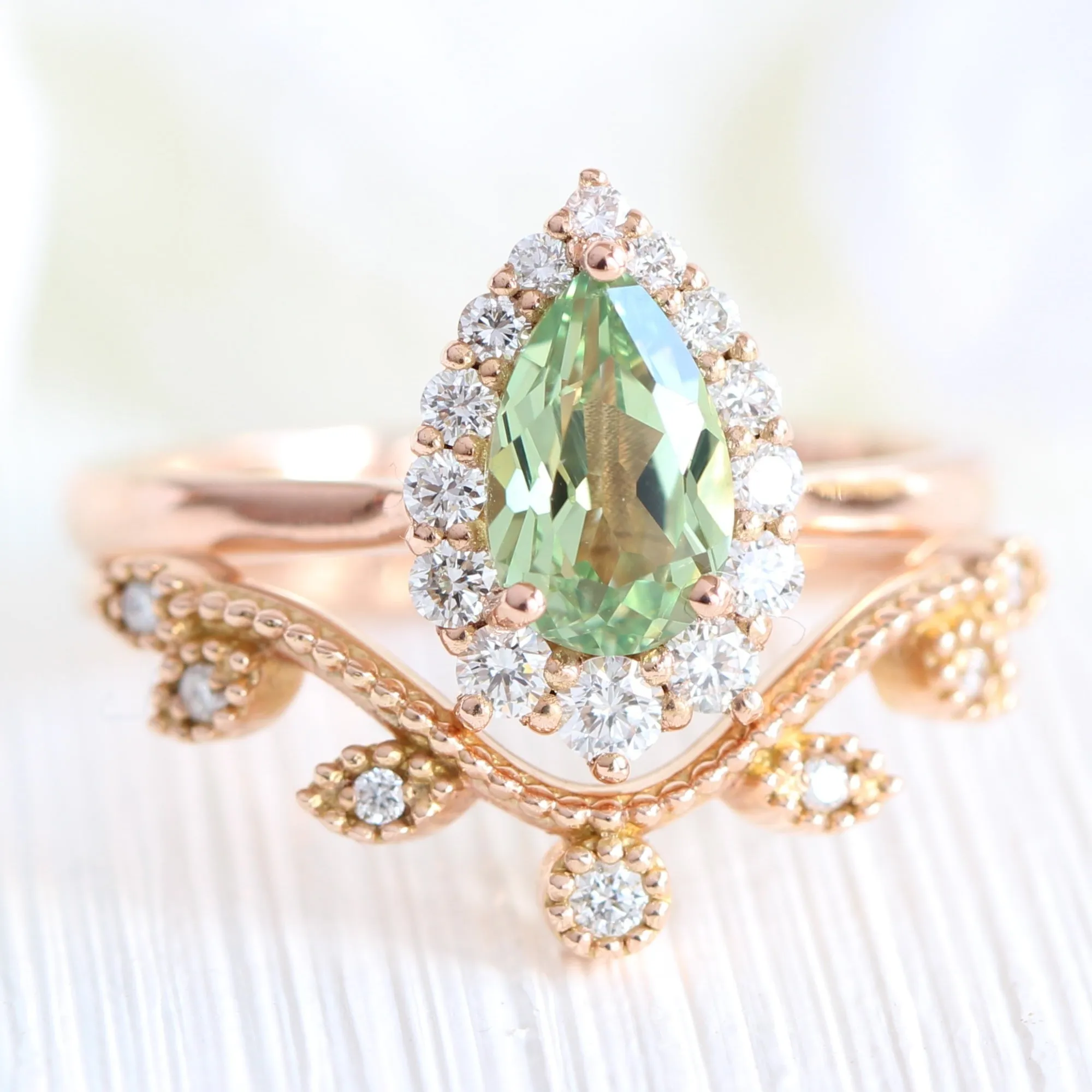 Pear Seafoam Green Sapphire Ring in Tiara Halo Diamond Tapered Band