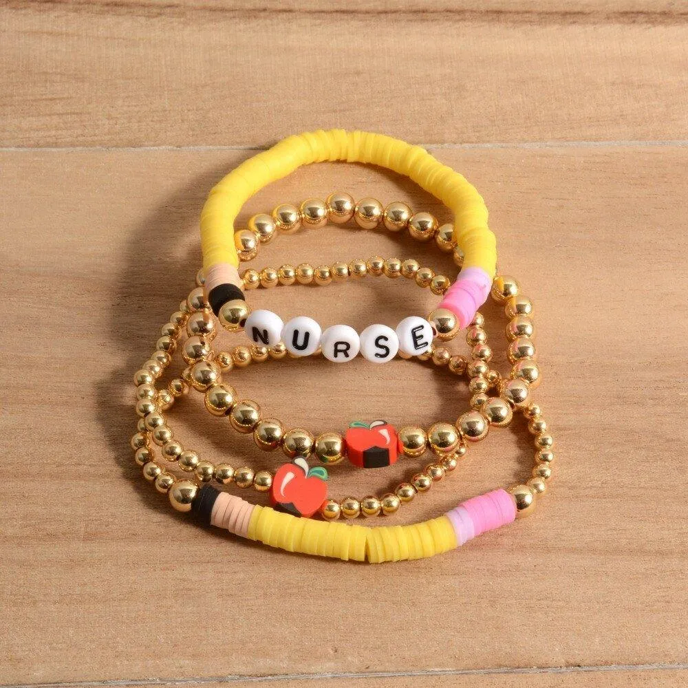 Personalized Teacher Pencil Apple Bracelet Set