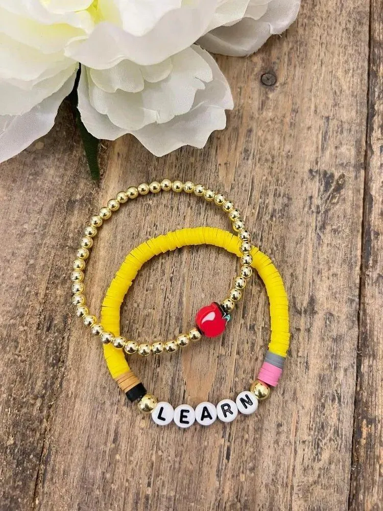 Personalized Teacher Pencil Apple Bracelet Set