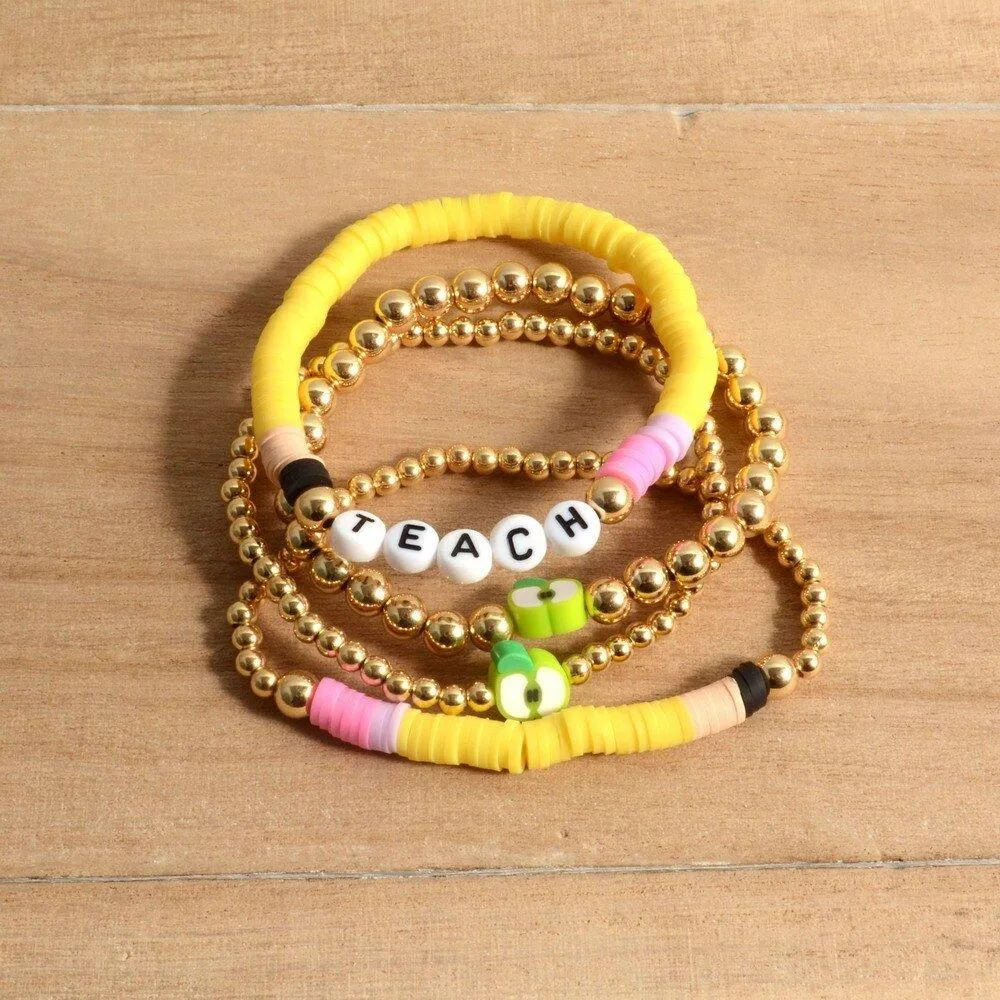 Personalized Teacher Pencil Apple Bracelet Set